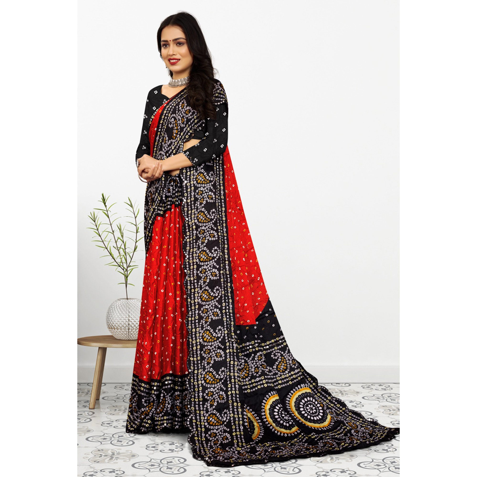 Red & Black Bandhani Printed Chiffon Saree With Mirror Border