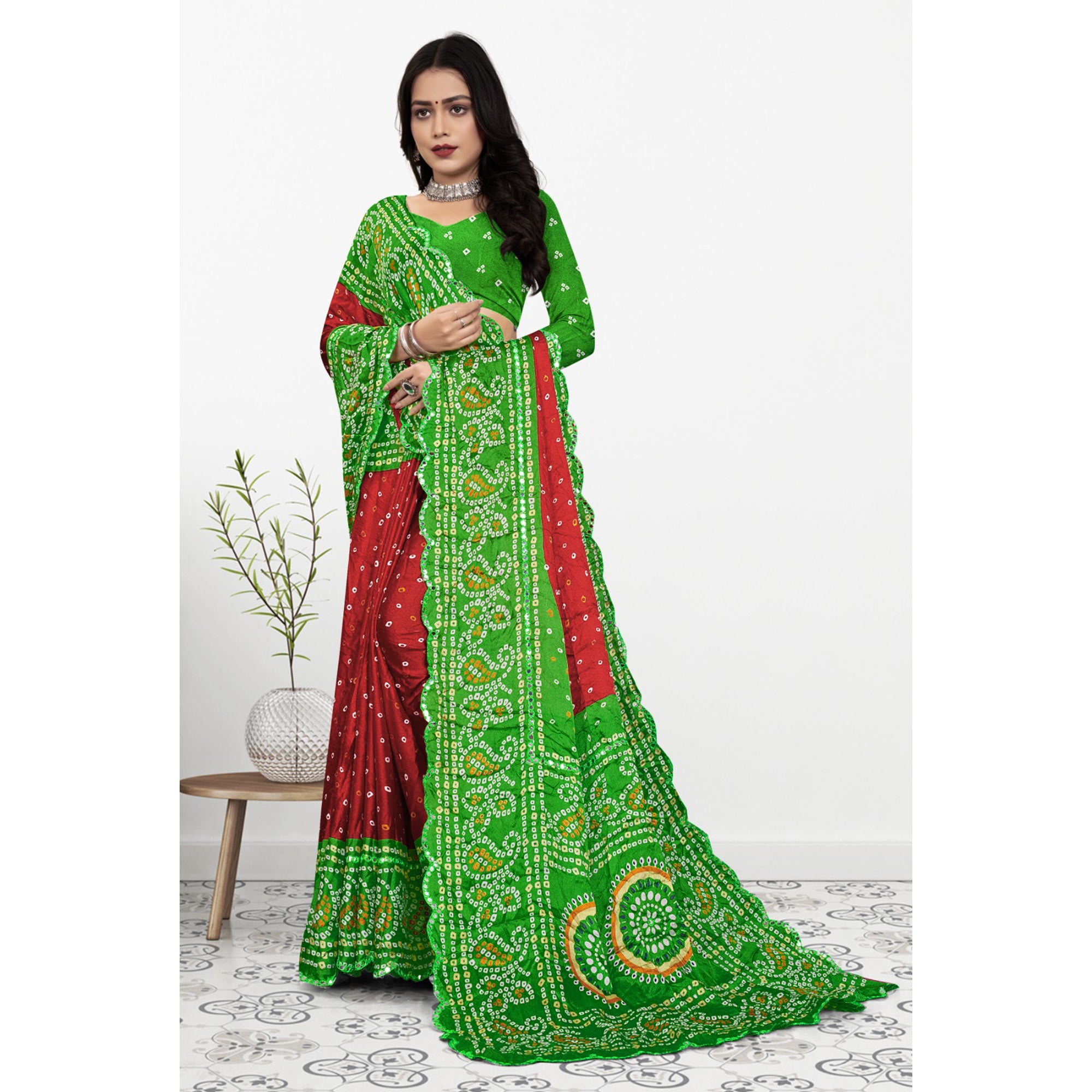 Red & Green Bandhani Printed Chiffon Saree With Mirror Border