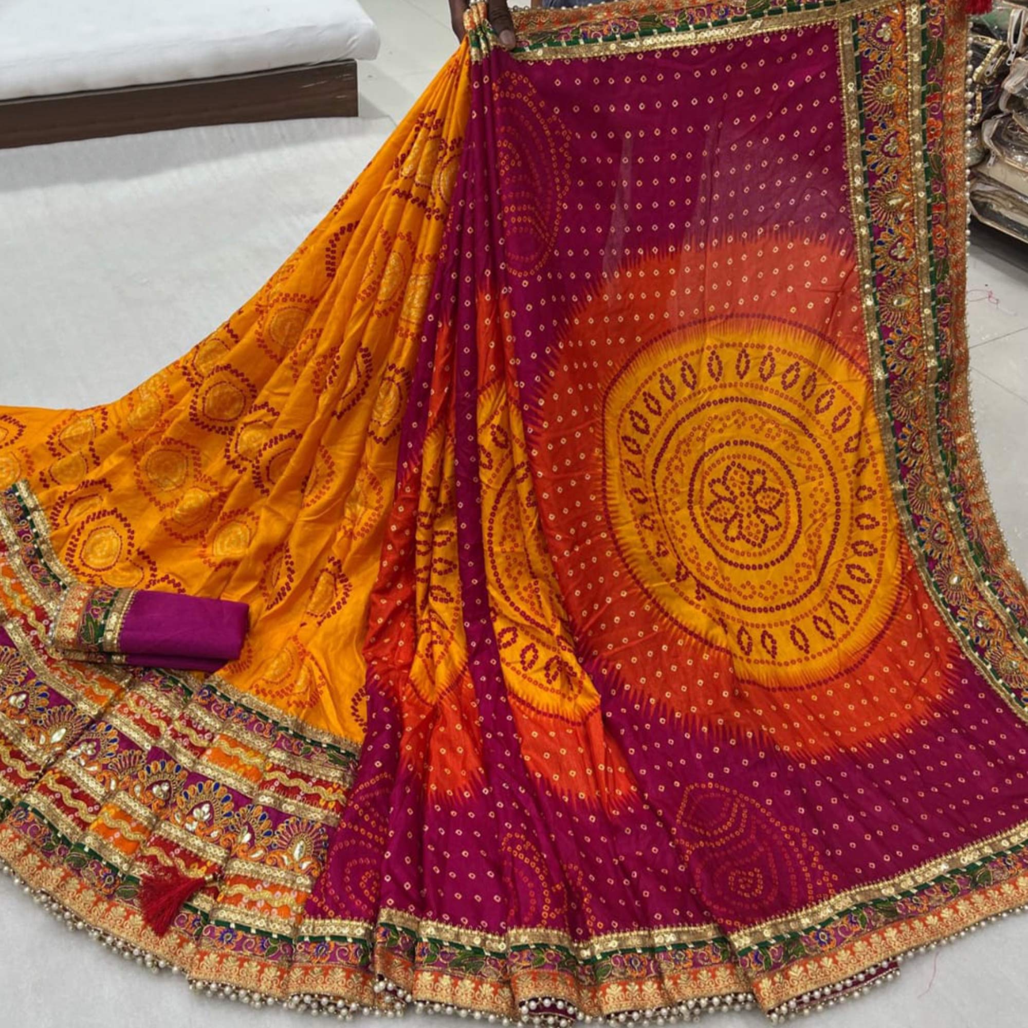 Yellow & Pink Bandhani Printed Mysore Silk Saree