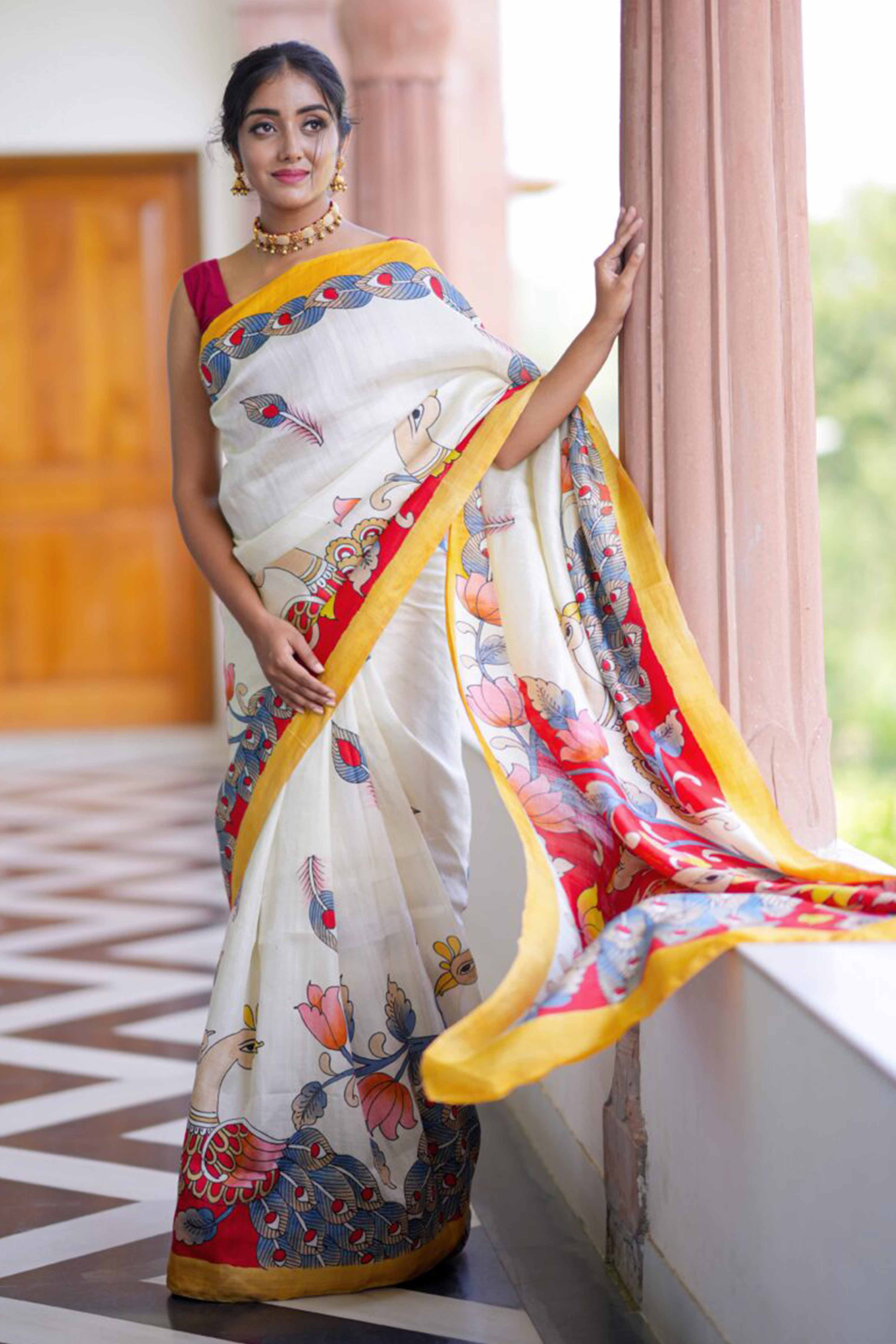 Off White Kalamkari Printed Linen Saree