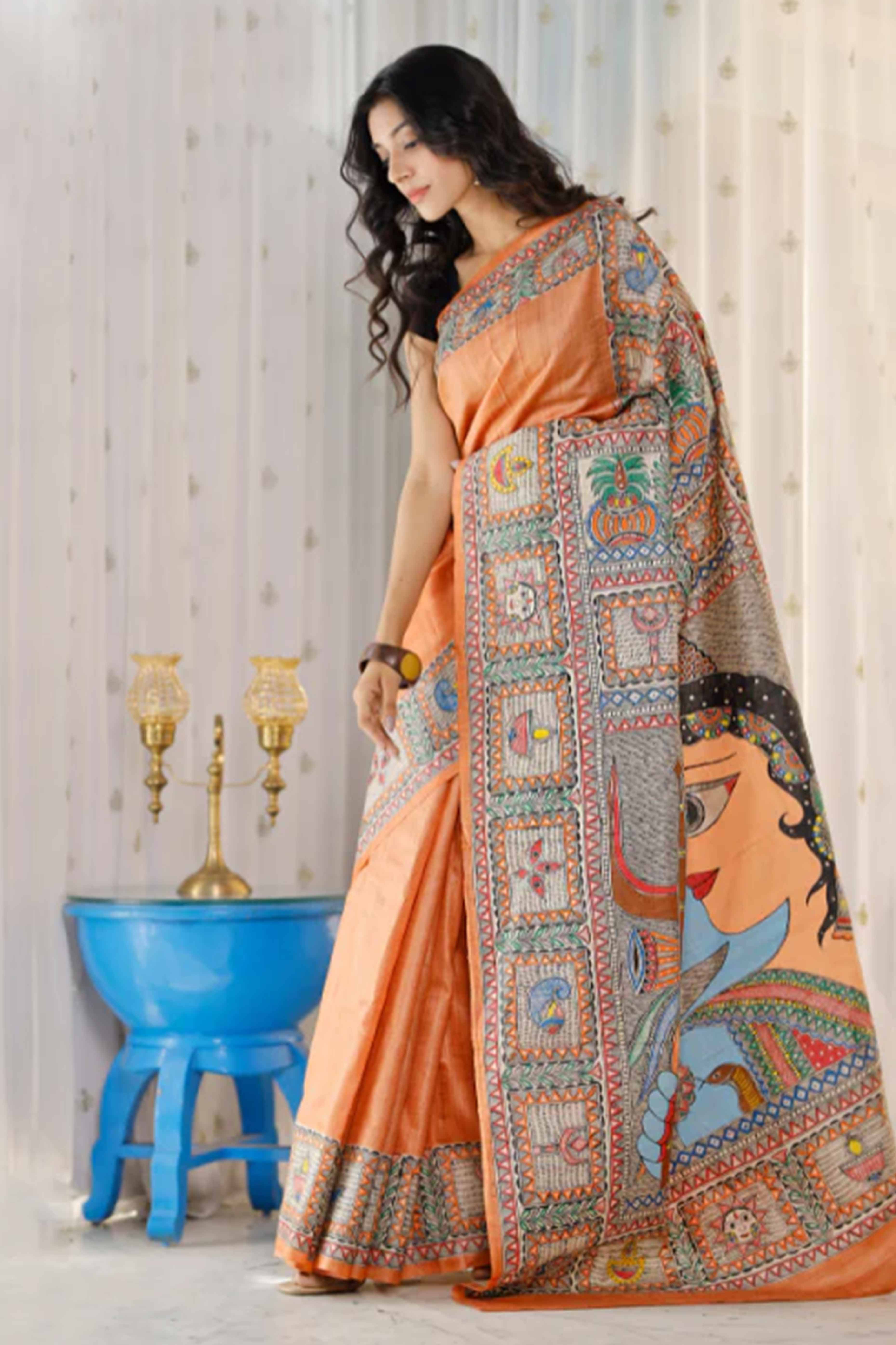 Peach Kalamkari Printed Linen Saree