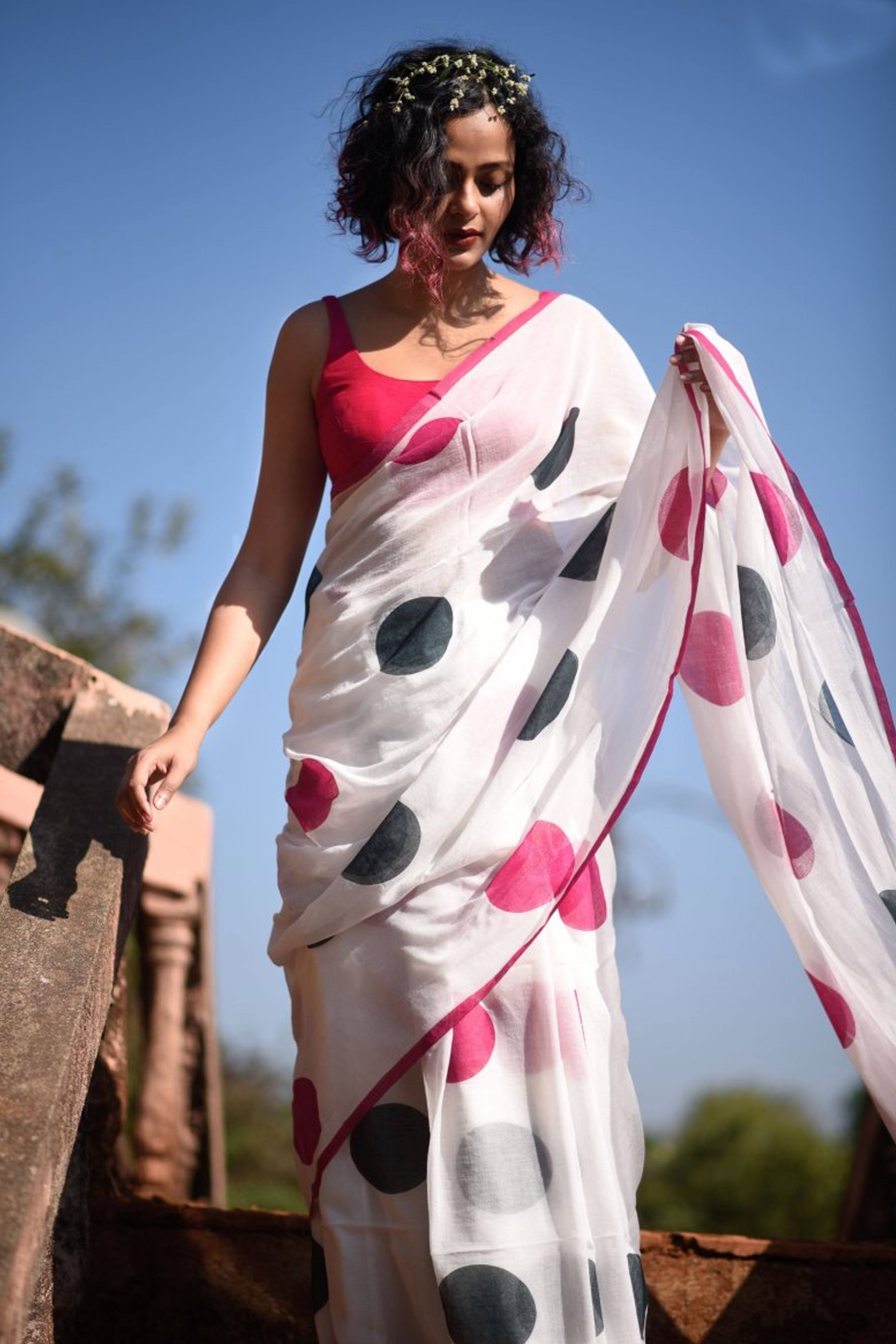 White Polka Dot Printed Linen Saree