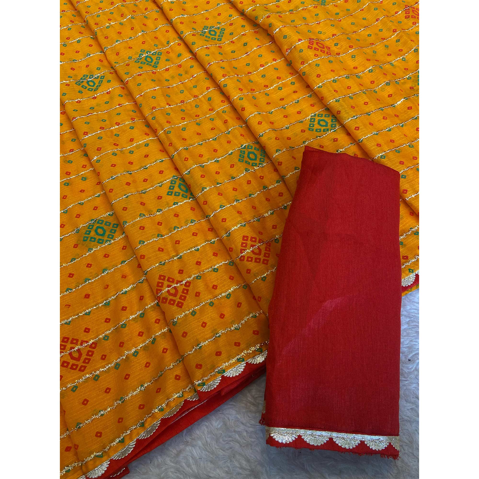 Mustard Bandhani Printed Chiffon Saree with Graceful Touches of Zari Work