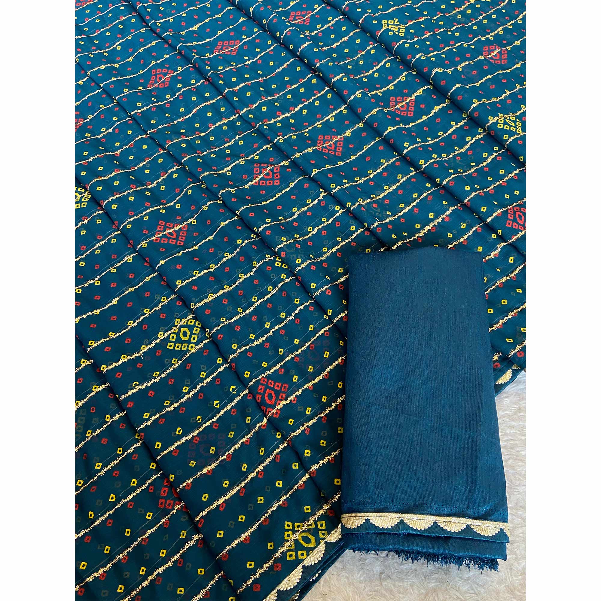 Teal Bandhani Printed Chiffon Saree with Graceful Touches of Zari Work