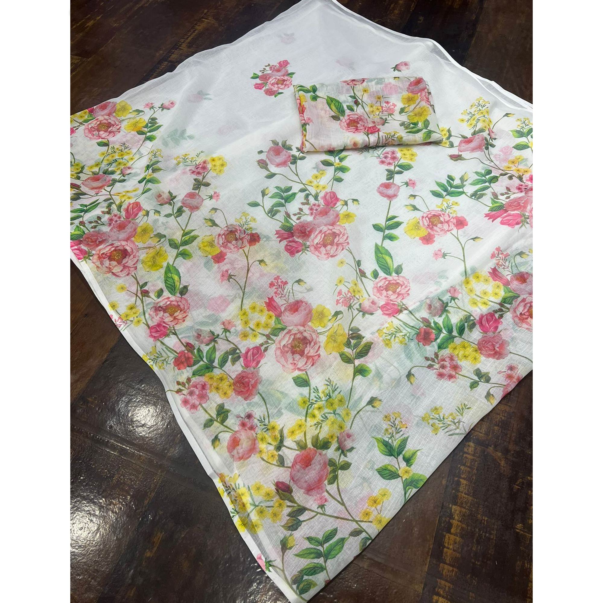 White Floral Digital Printed Linen Saree
