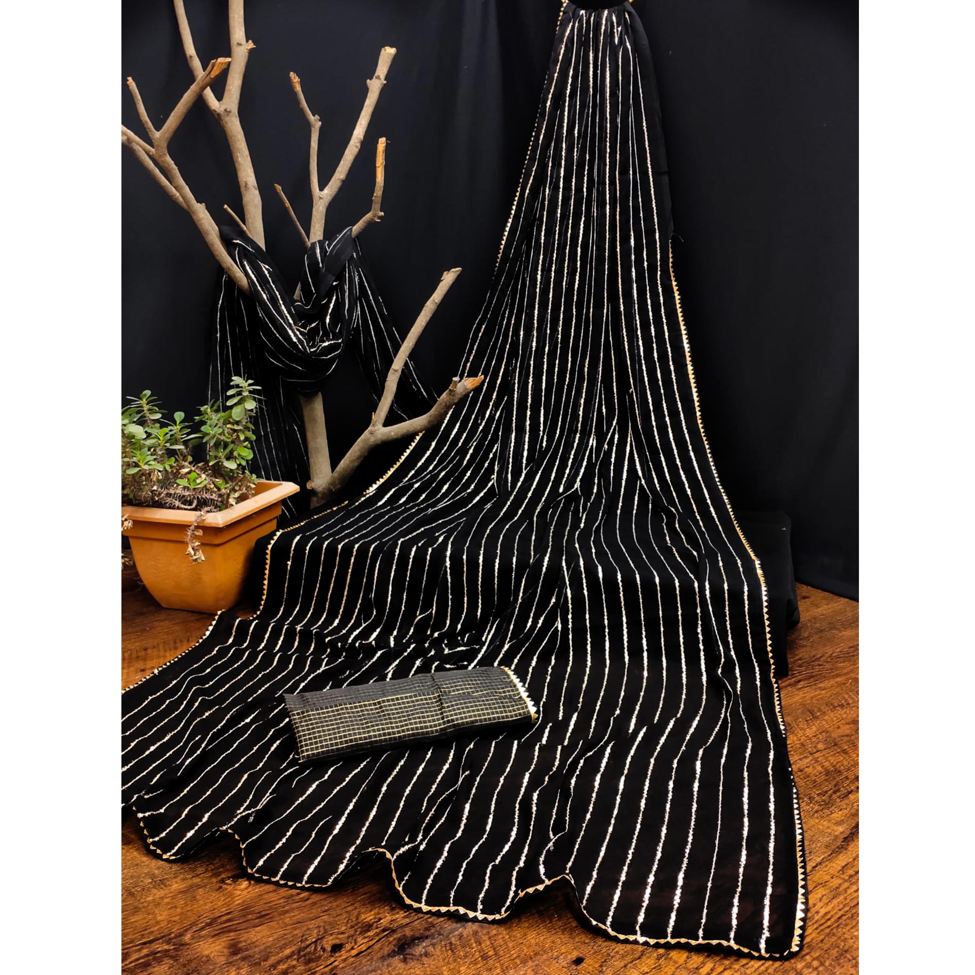 Black Striped Woven Georgette Saree
