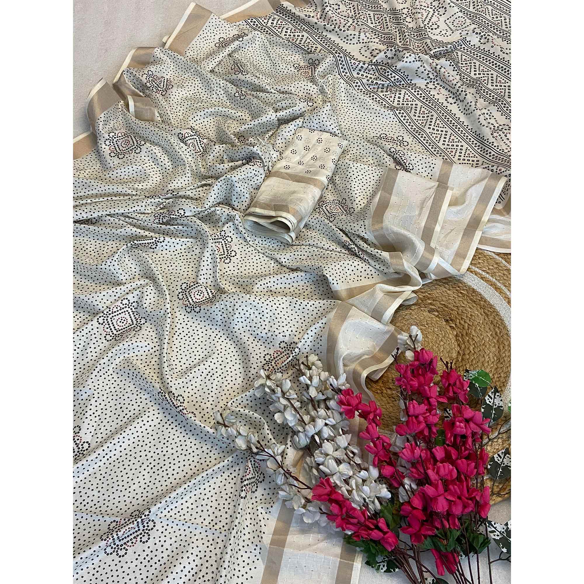 Cream Saree in Dola Silk with Bandhani Print and Shimmering Sequins Edge