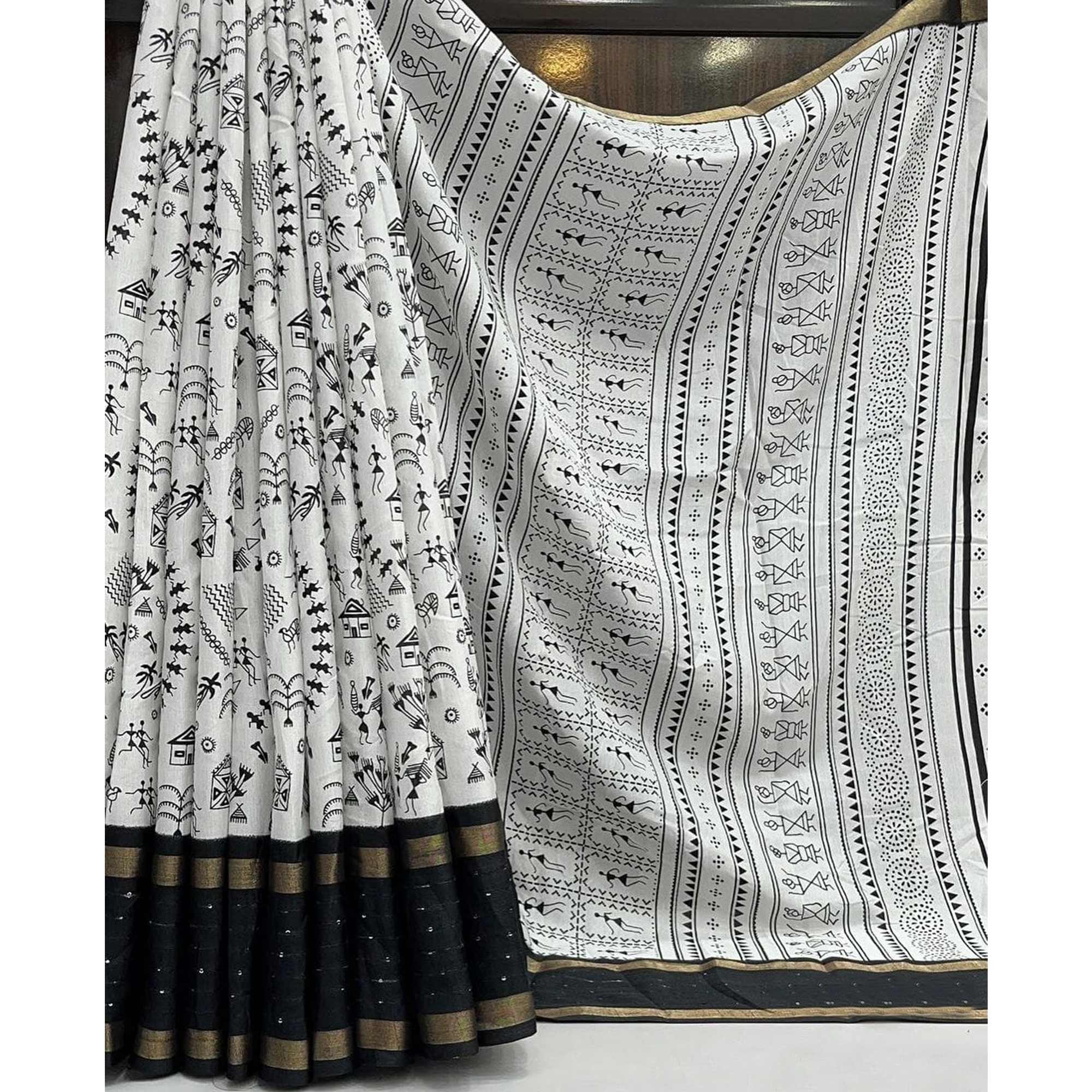 White Warli Printed Dola Silk Saree