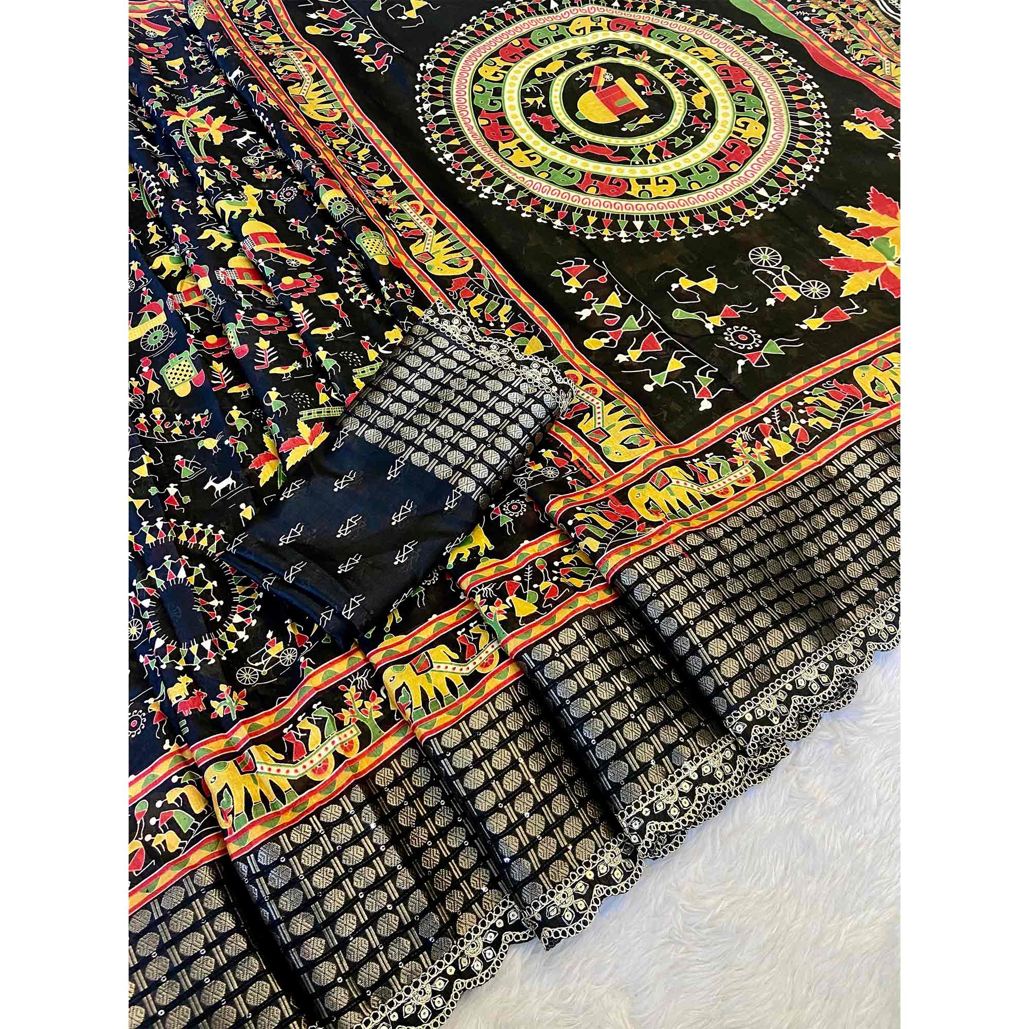 Black Warli Printed Dola Silk Saree With Sequins Border