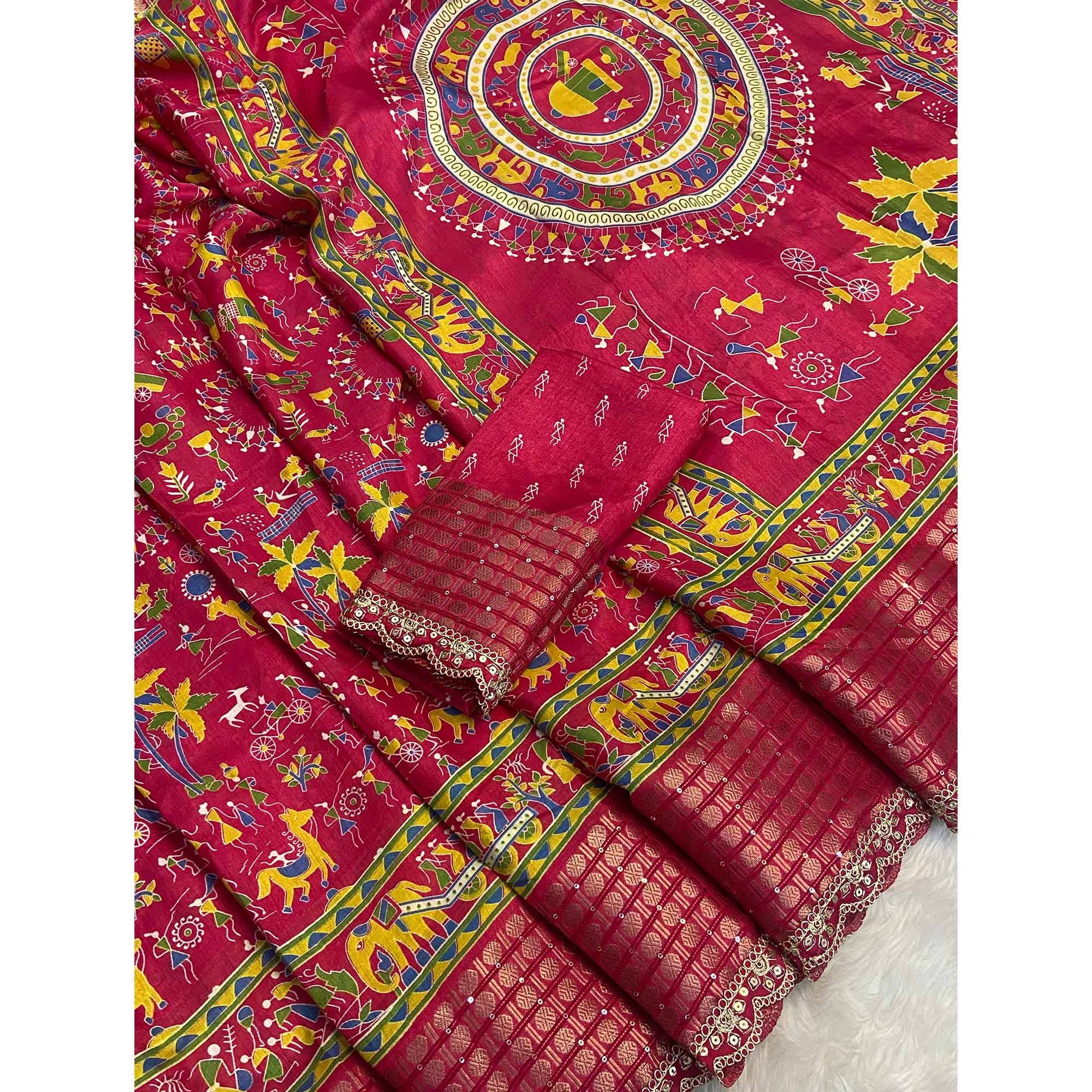 Pink Warli Printed Dola Silk Saree With Sequins Border