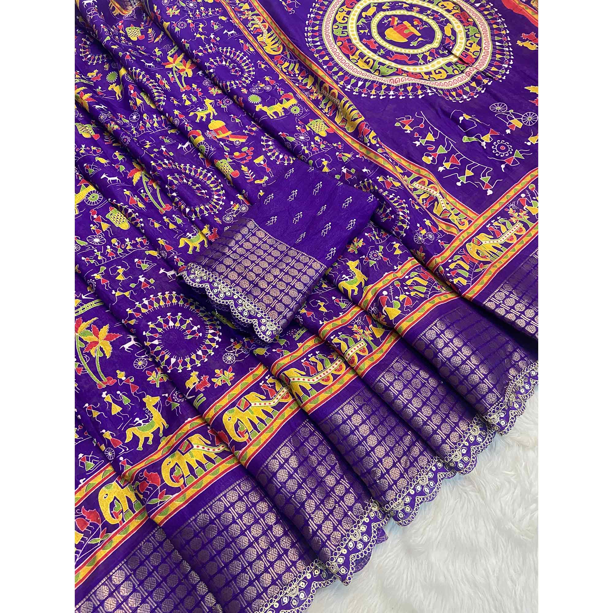 Purple Warli Printed Dola Silk Saree With Sequins Border