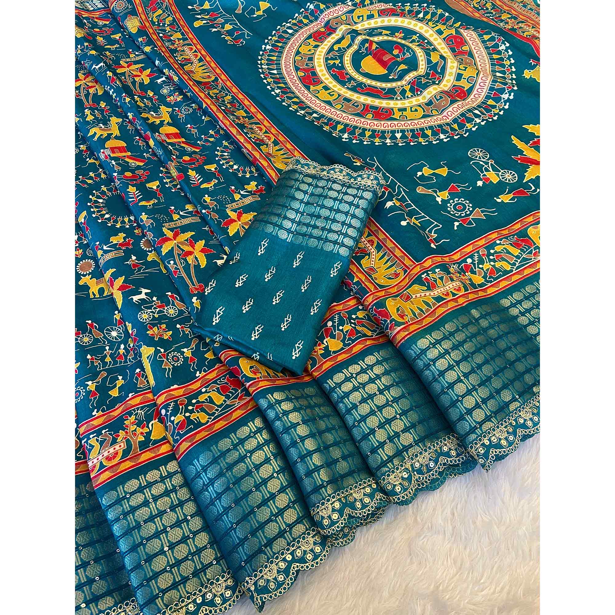Teal Warli Printed Dola Silk Saree With Sequins Border