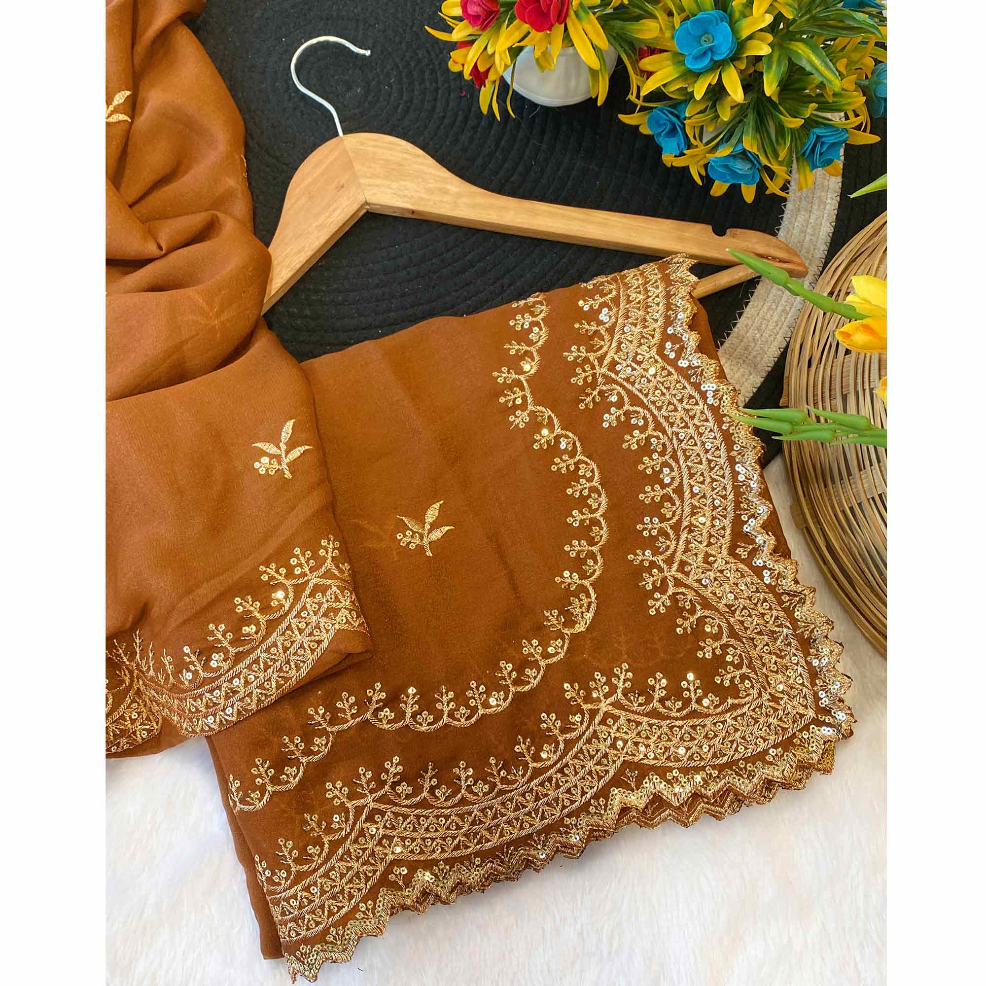 Brown Embroidered Star Georgette Saree Designed for Stylish Party Wear