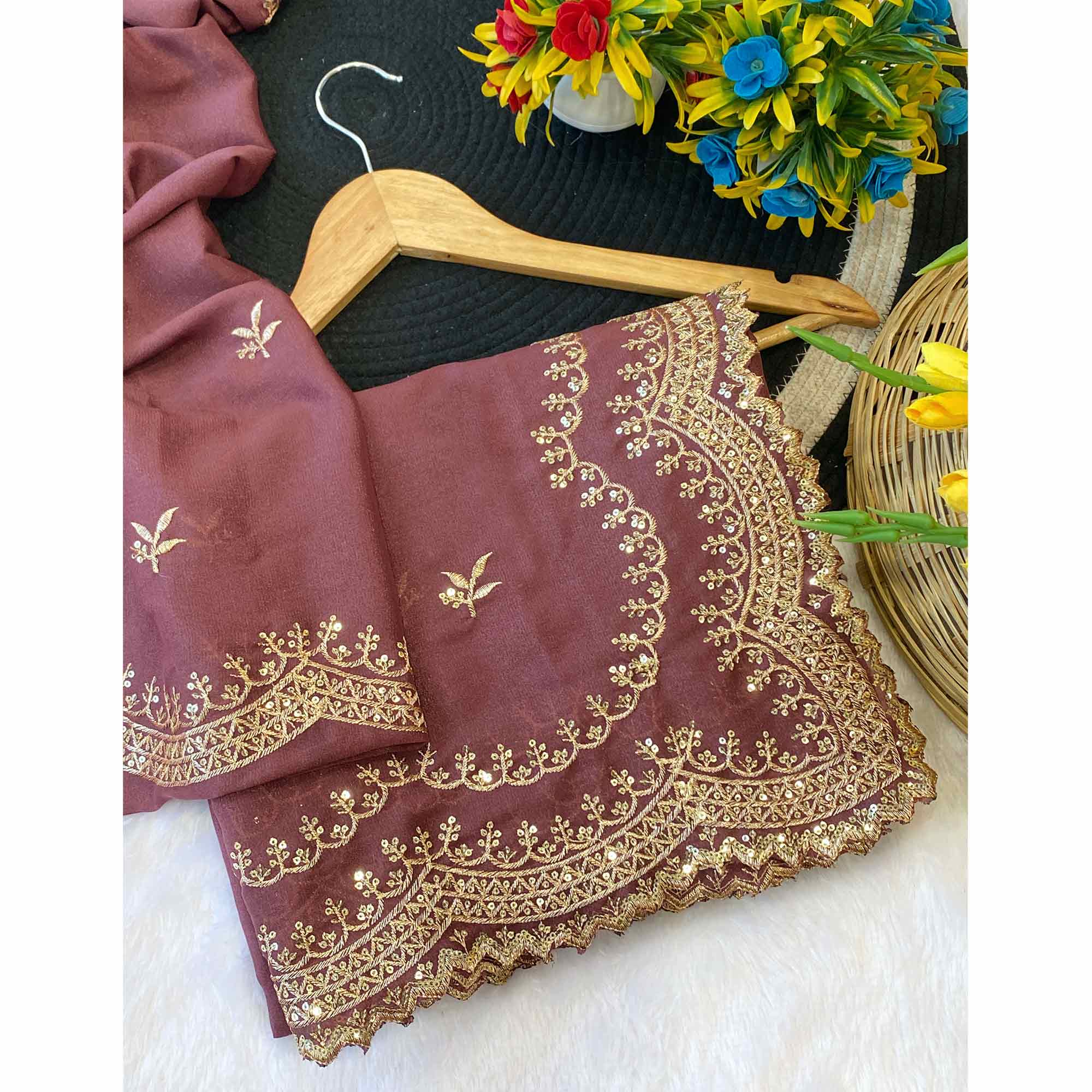 Mauve Embroidered Star Georgette Saree Designed for Stylish Party Wear