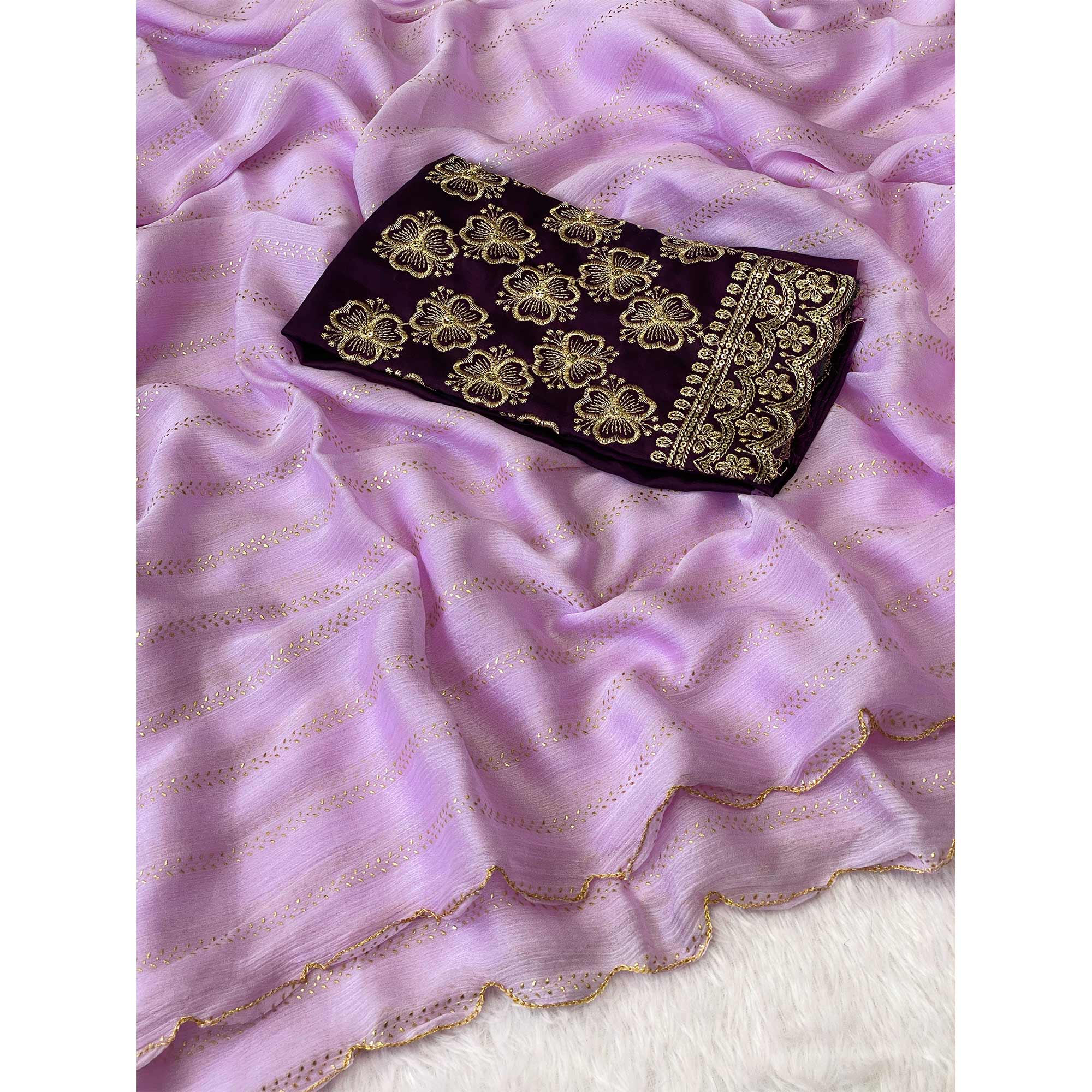 Lavender Chiffon Saree with Sleek Foil Printing and Flowing Lightweight Drape