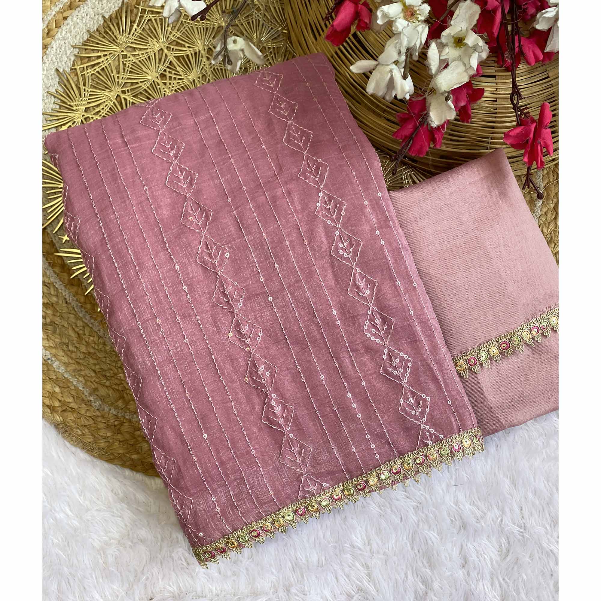 Dusty Pink Embroidered Silk Blend Saree Accented with Sequins