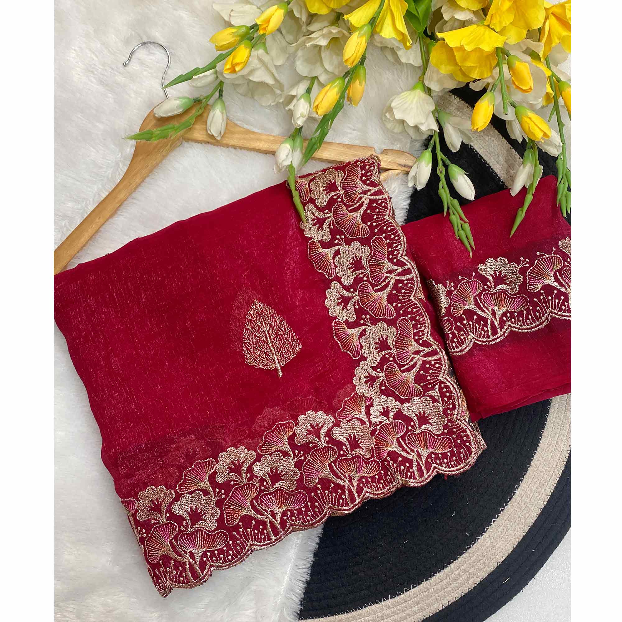 Red Embroidered Thread Work Saree in Flowy Chiffon Silk