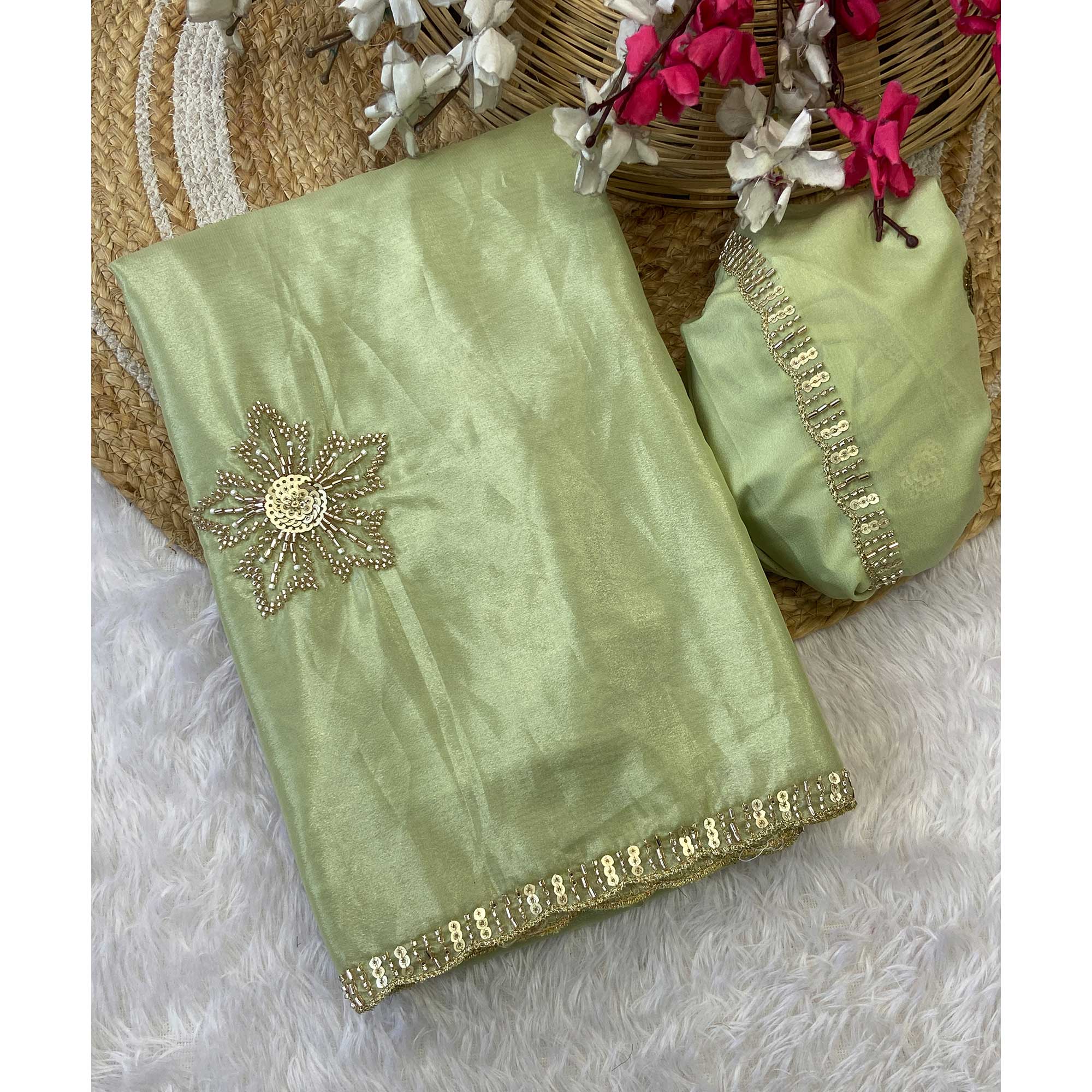 Green Partywear Saree in Crepe with Intricate Stone Work