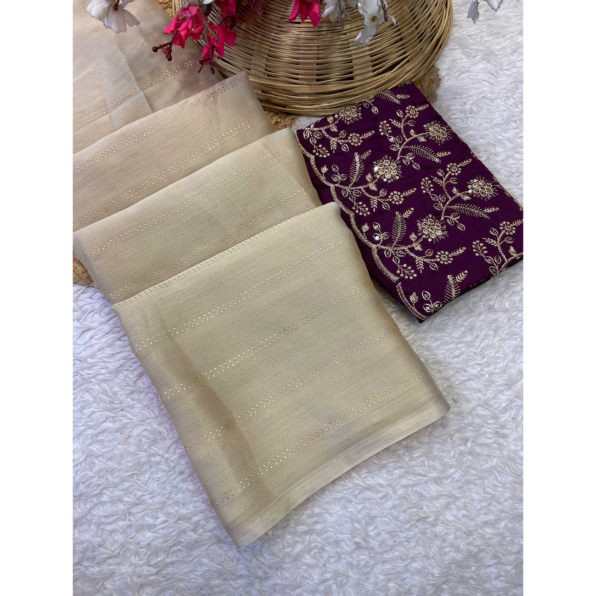 Beige Moss Chiffon Drape with Modern Foil Print Touch