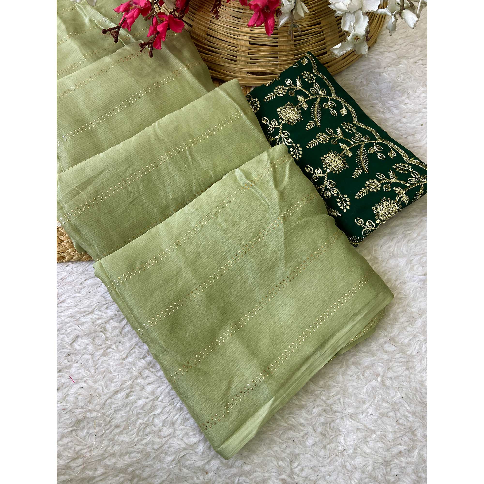 Green Moss Chiffon Drape with Modern Foil Print Touch