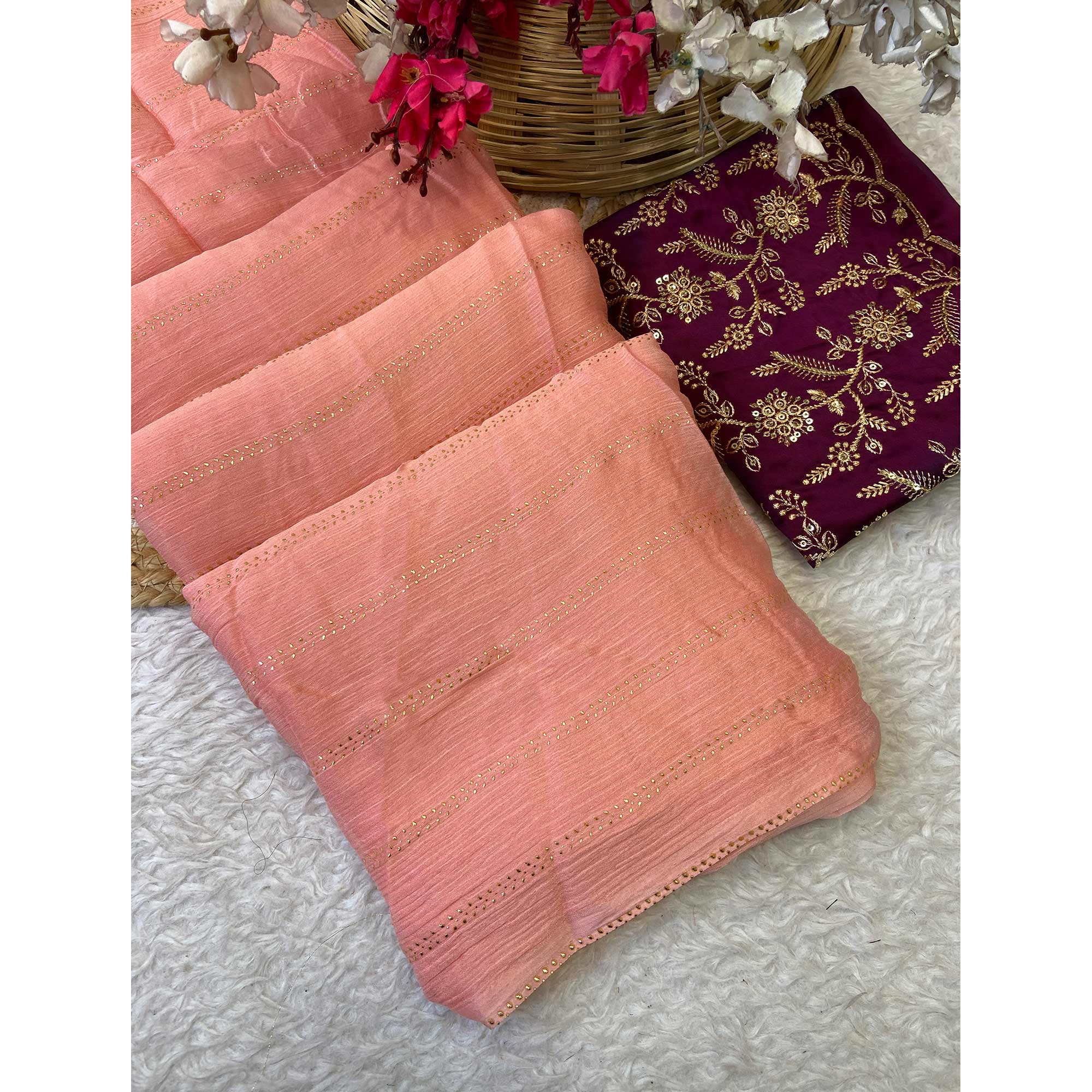 Peach Moss Chiffon Drape with Modern Foil Print Touch