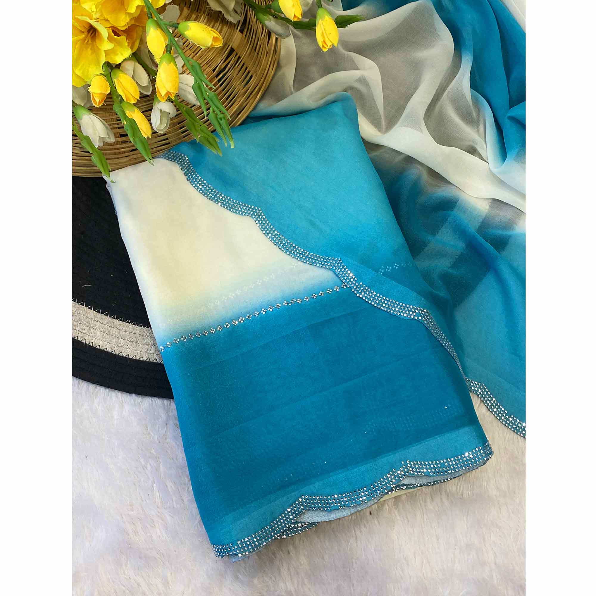 Blue Gradient Georgette Saree with Intricate Swarovski Crystal Star Motifs