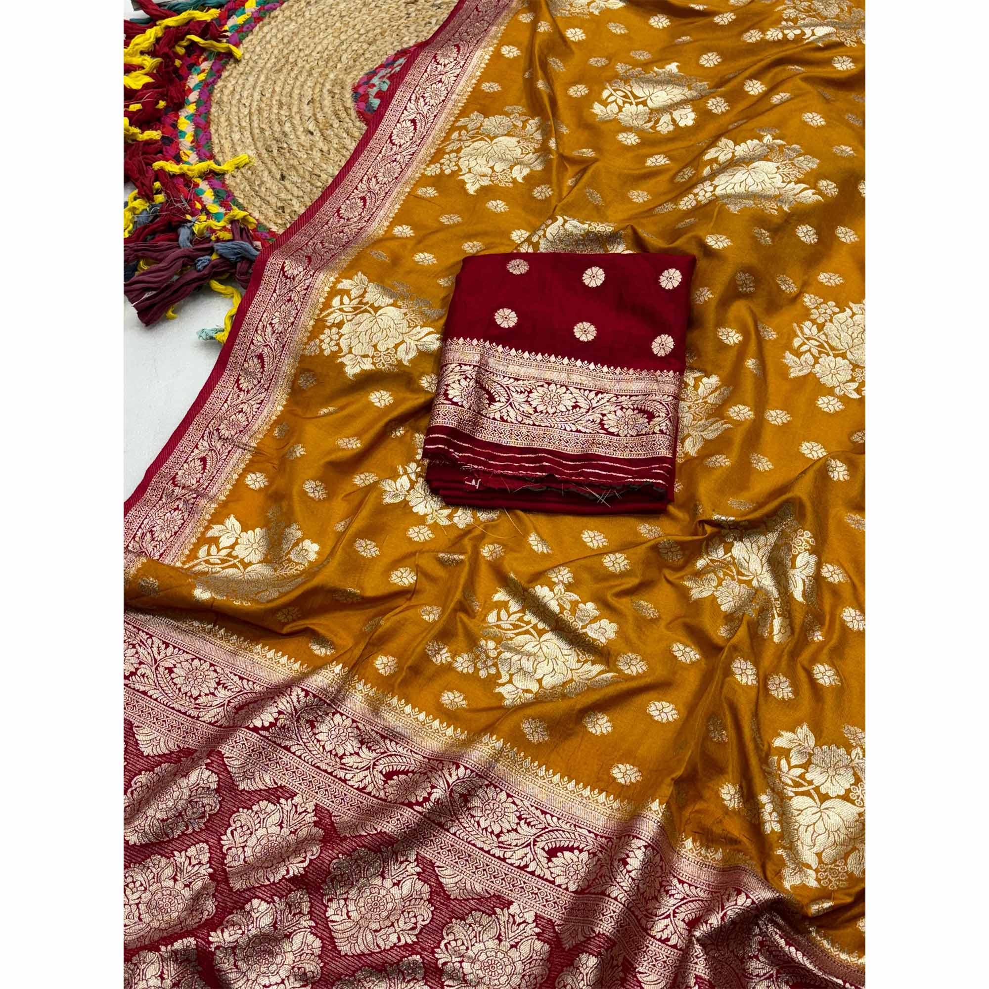 Mustard Dola Silk Woven Saree with Allover Zari Butti Design