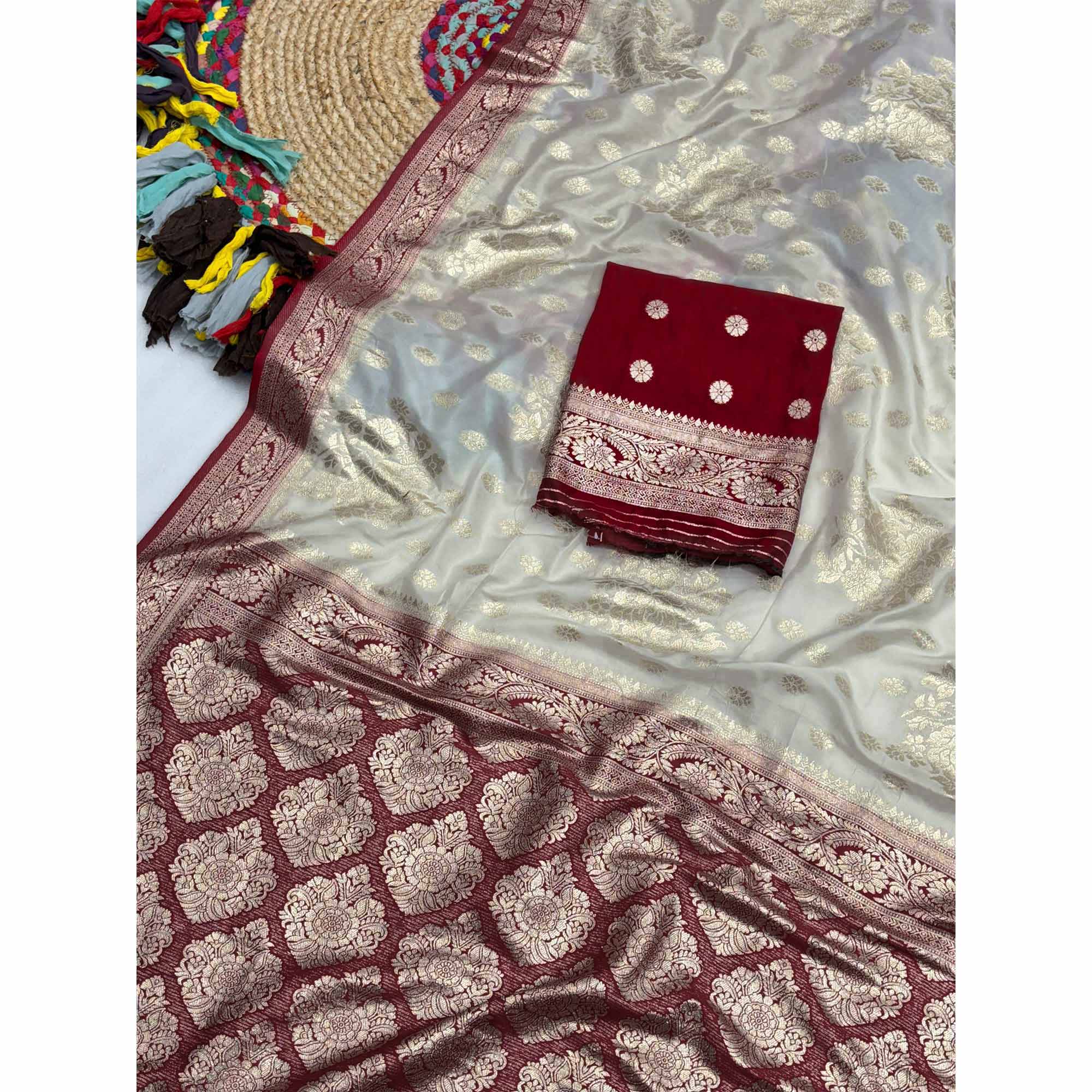 Off White Dola Silk Woven Saree with Allover Zari Butti Design