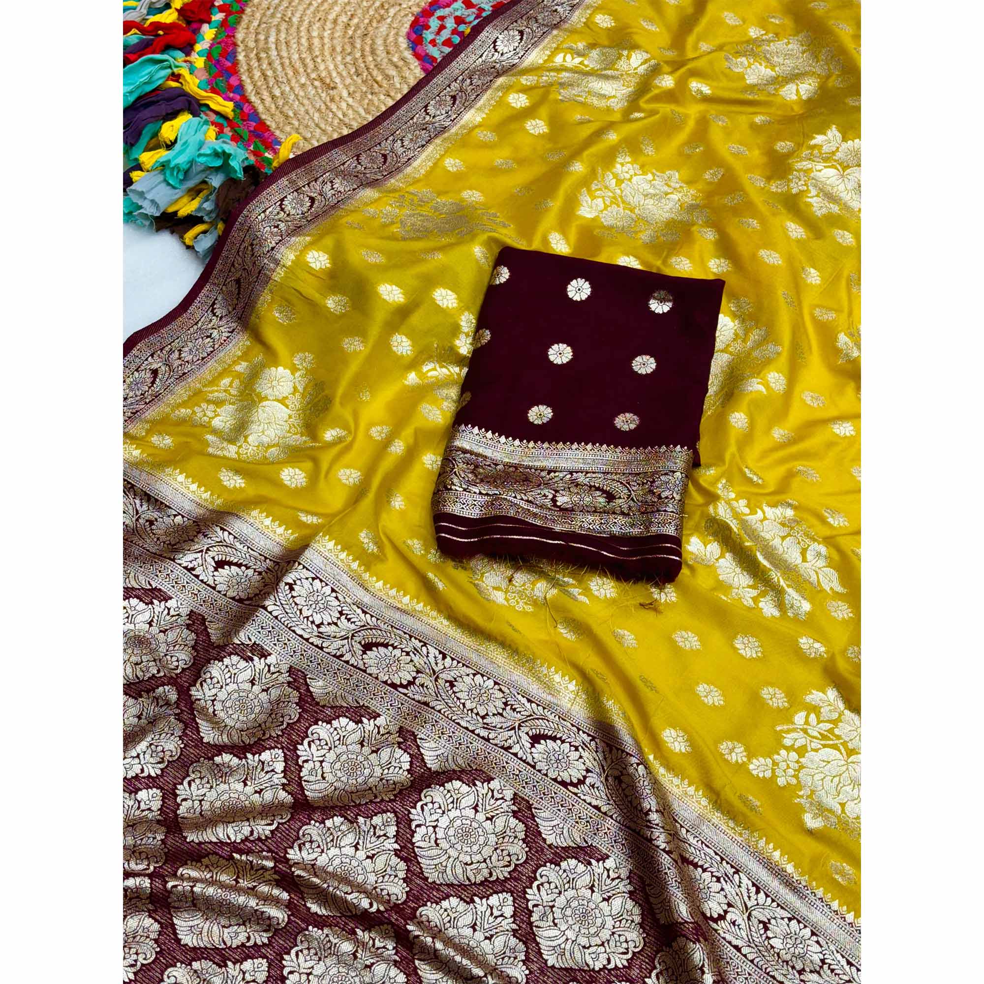 Yellow Dola Silk Woven Saree with Allover Zari Butti Design