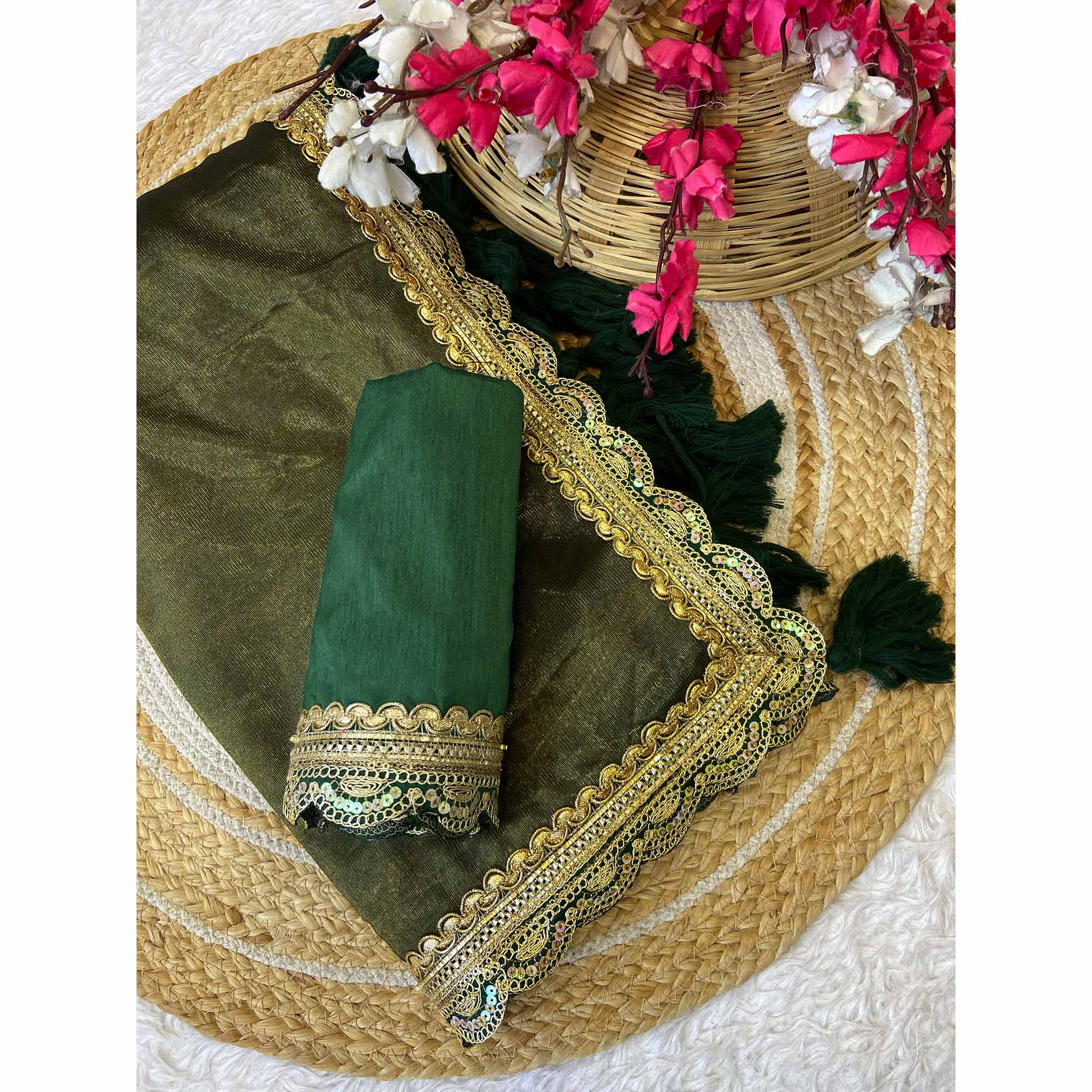 Mehendi Green Net Saree With Intricate Sequin Embroidery & Tassel Embellished Pallu