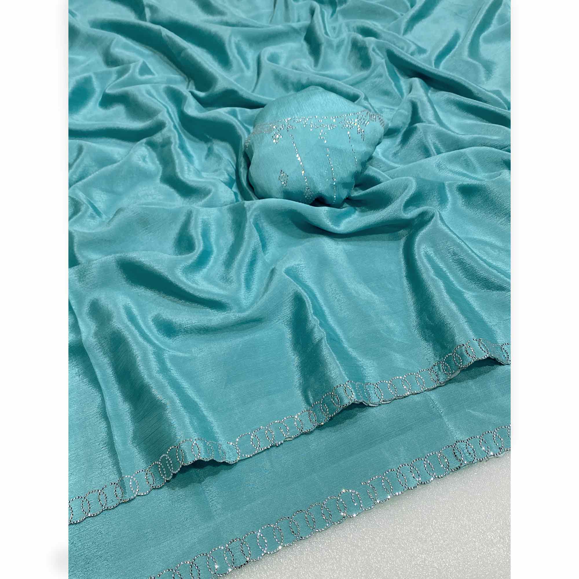 Blue Embellished Silk Blend Saree Featuring Fine Swarovski Stone Detailing