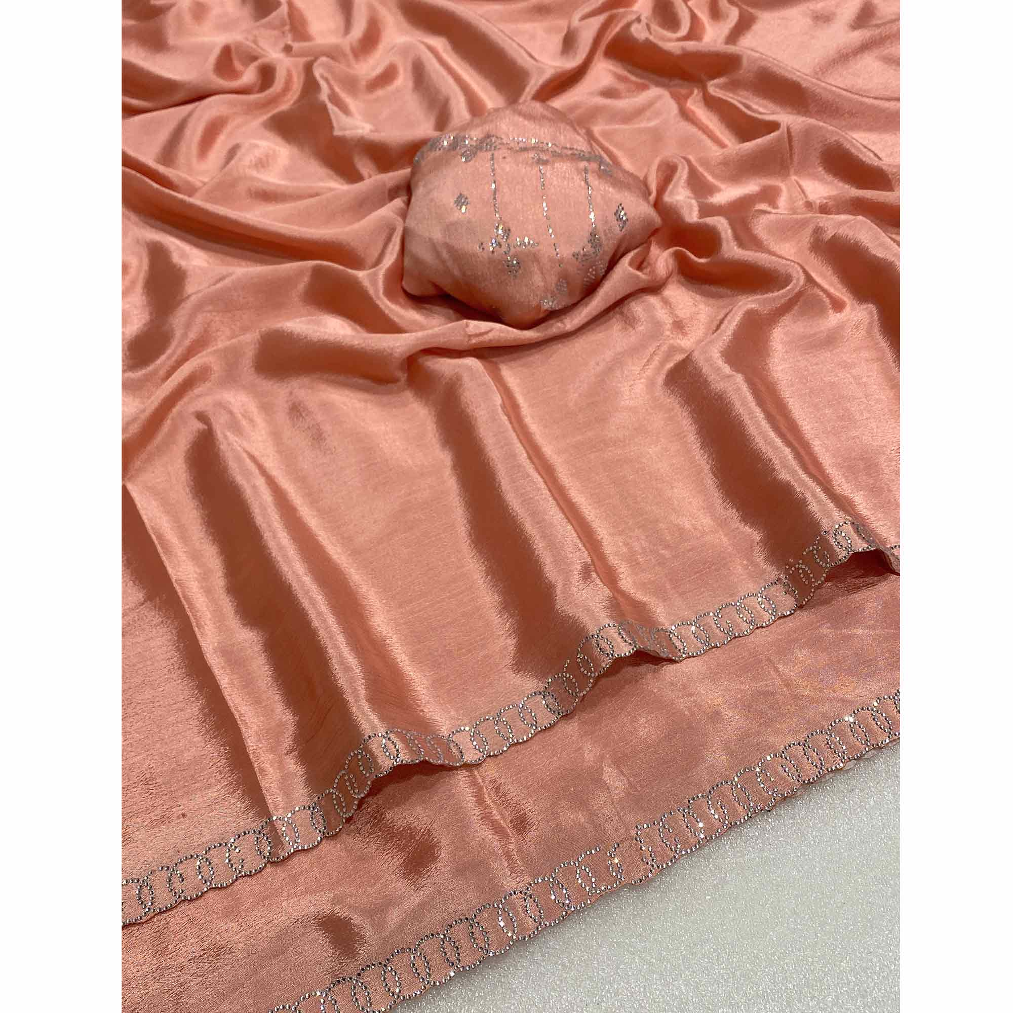 Peach Embellished Silk Blend Saree Featuring Fine Swarovski Stone Detailing