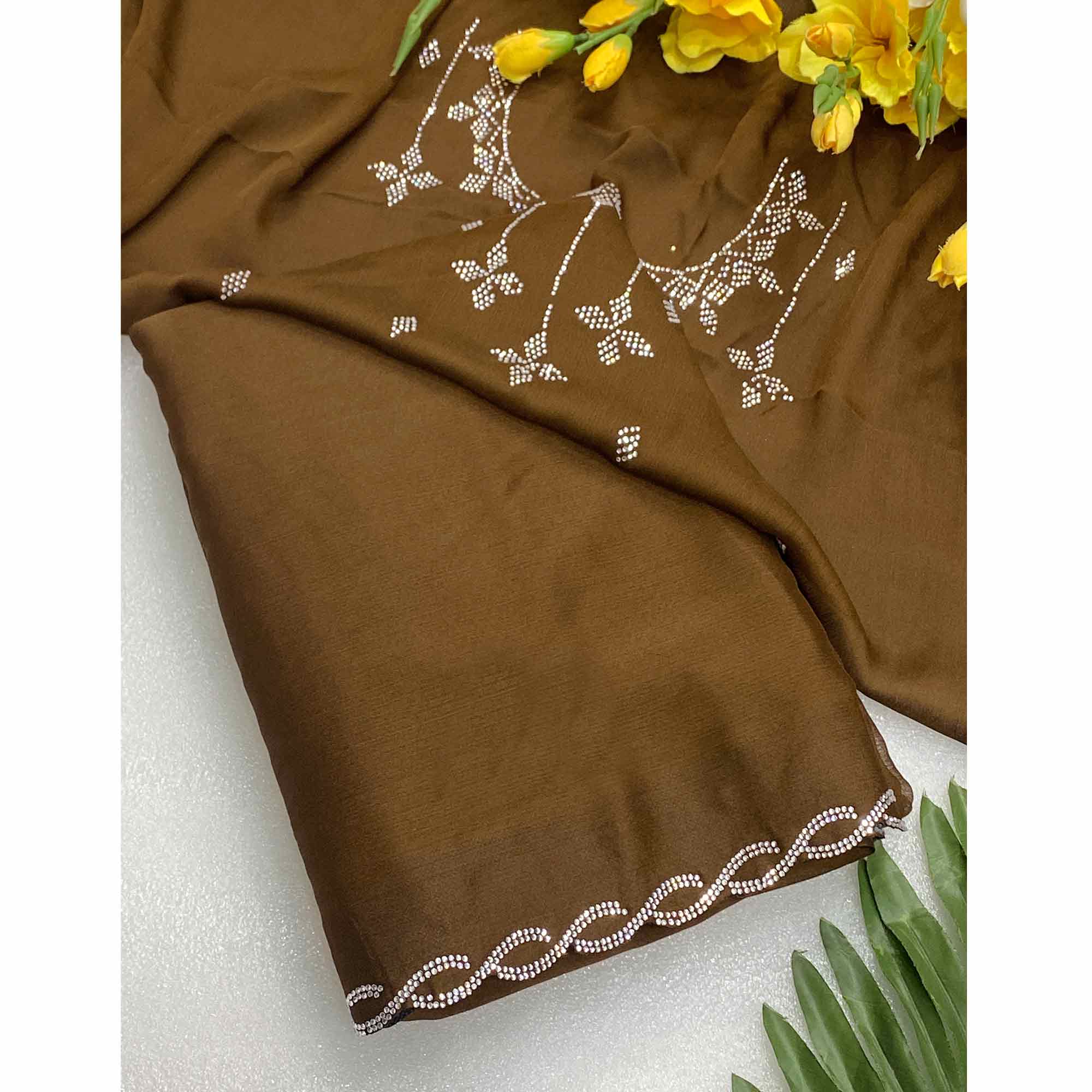 Olive Brown Embellished Chiffon Saree with Sparkling Swarovski Details