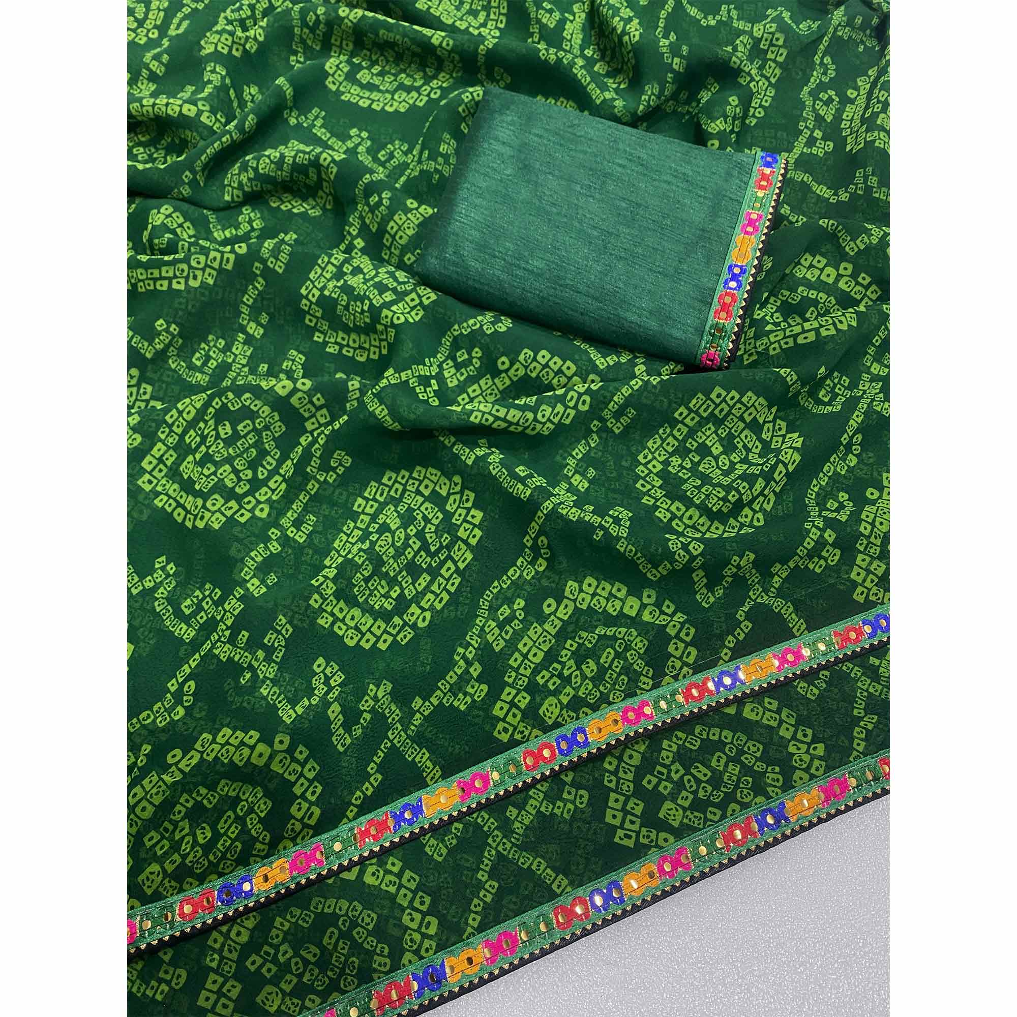 Green Bandhej Printed Georgette Saree with Flowy Drape