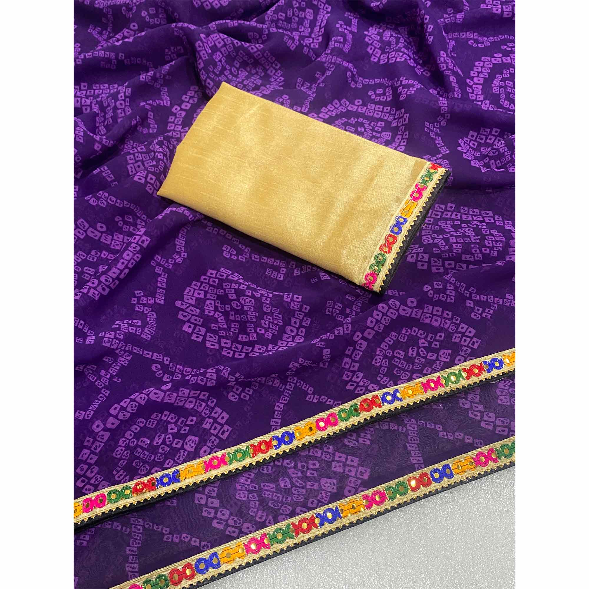 Purple Bandhej Printed Georgette Saree with Flowy Drape