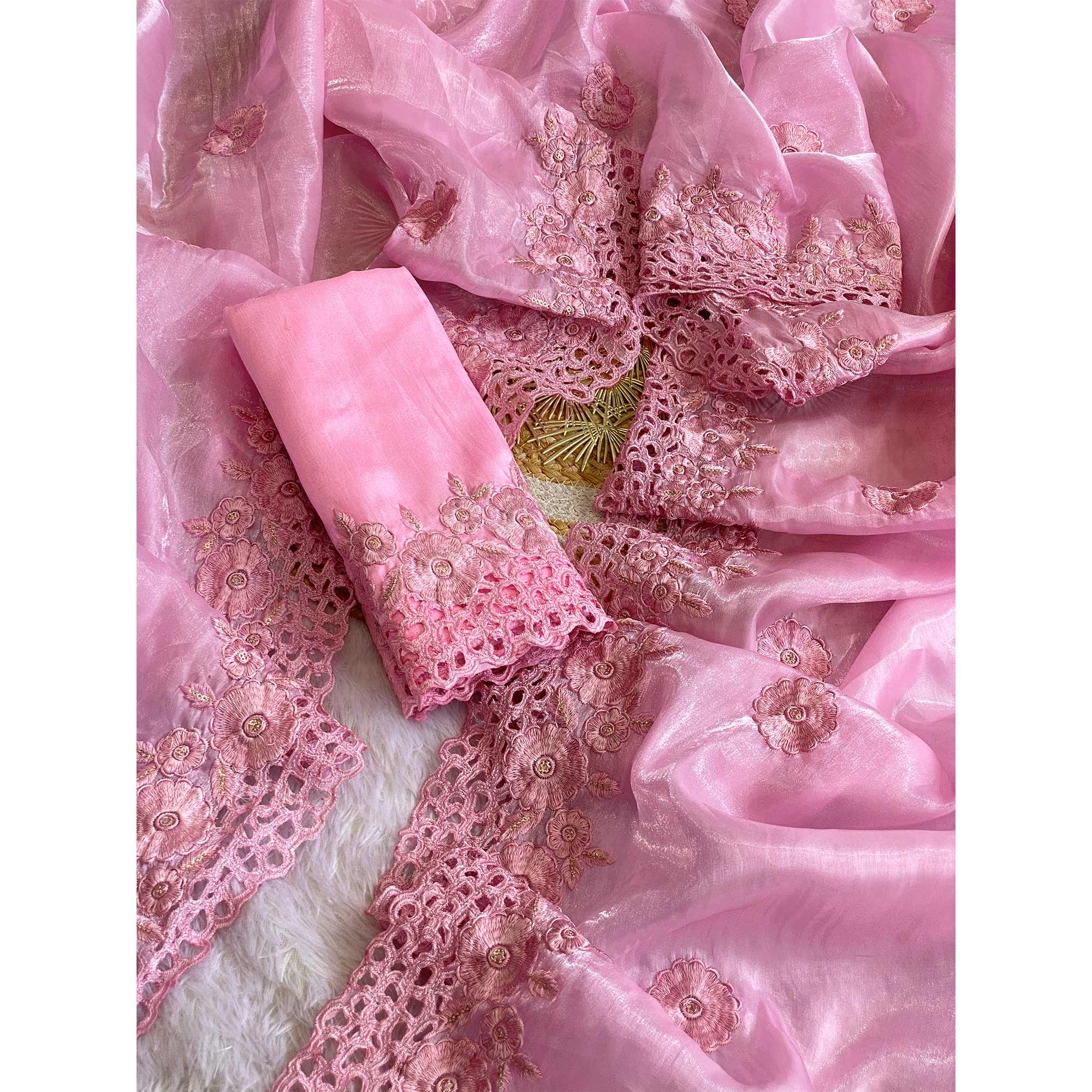 Pink Grace In Satin Jimmy Choo Fabric With Intricate Floral Thread Embroidery