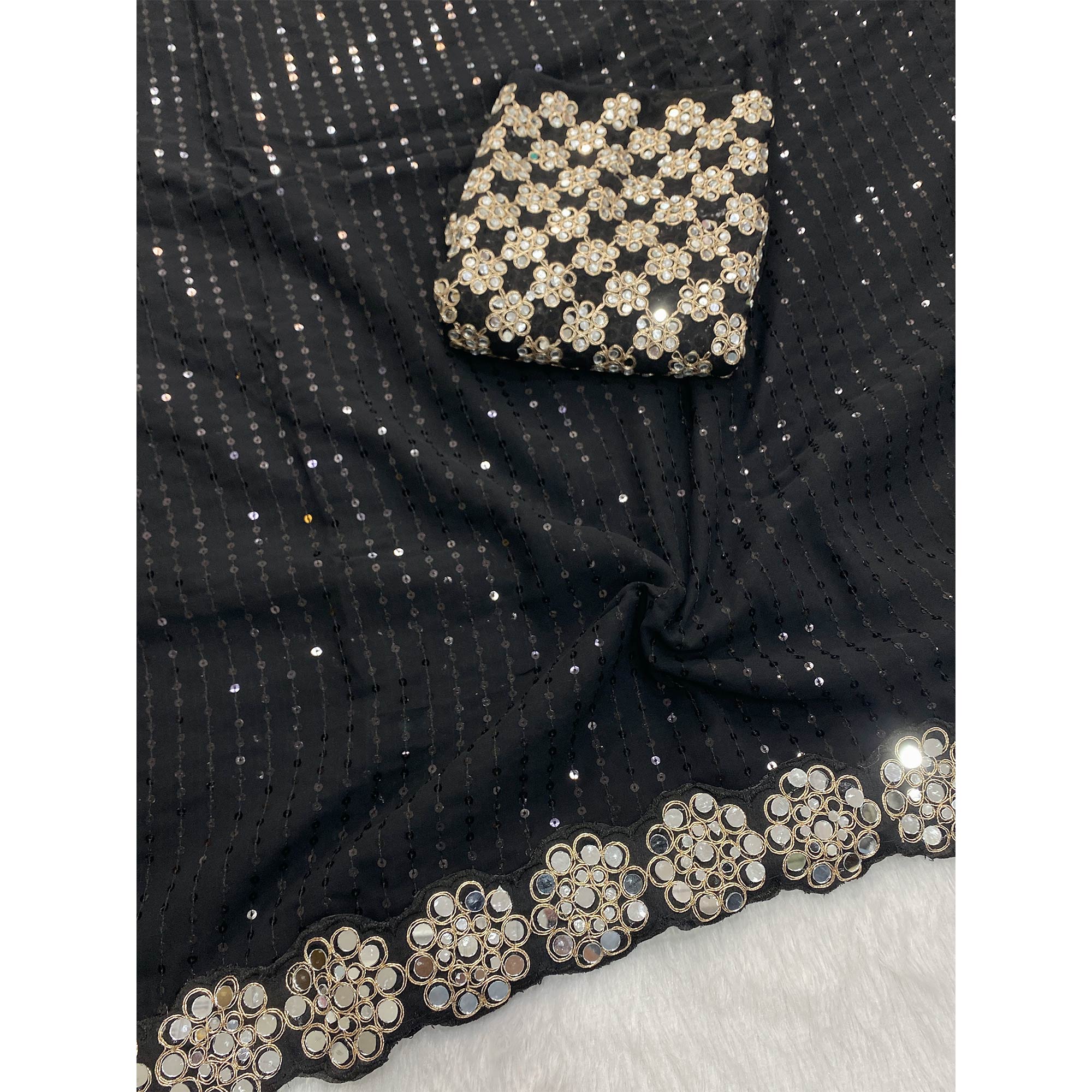 Stunning Black Georgette Party Wear Saree Adorned with Heavy Sequins Embellishment