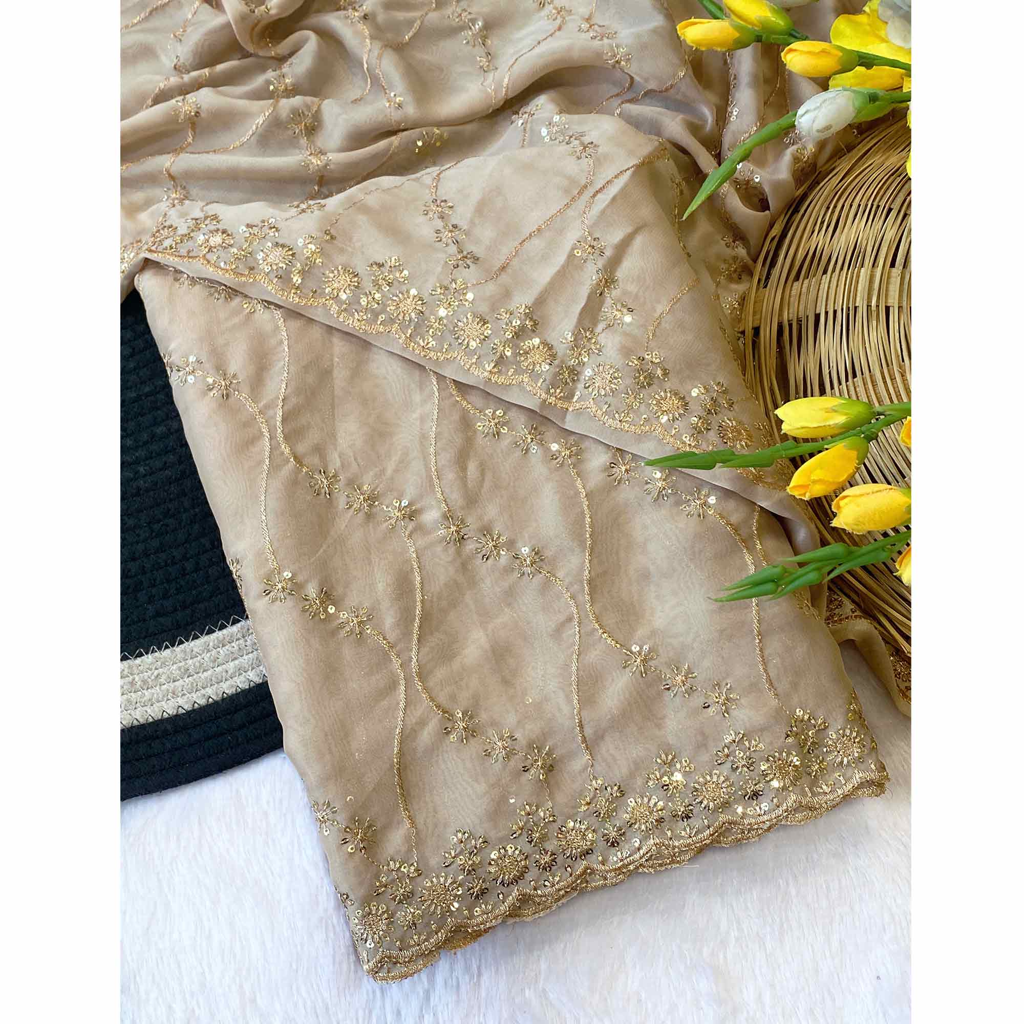Chikoo Silk Blend Saree with Intricate Thread Embroidery