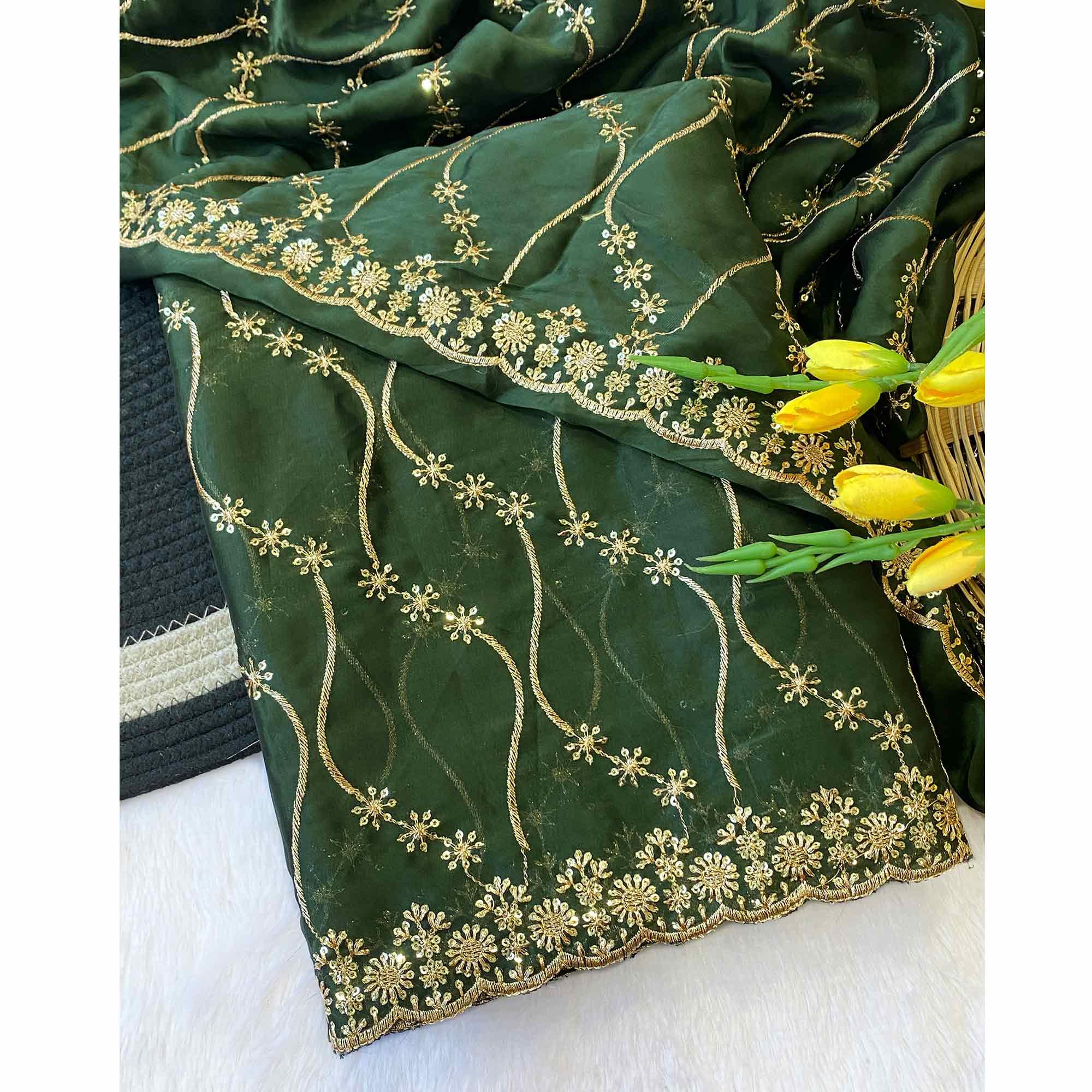 Green Silk Blend Saree with Intricate Thread Embroidery