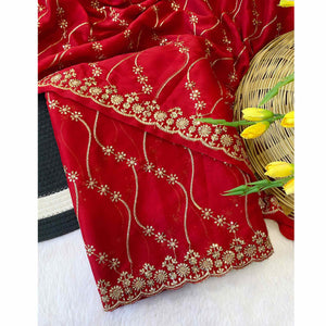 Red Silk Blend Saree with Intricate Thread Embroidery