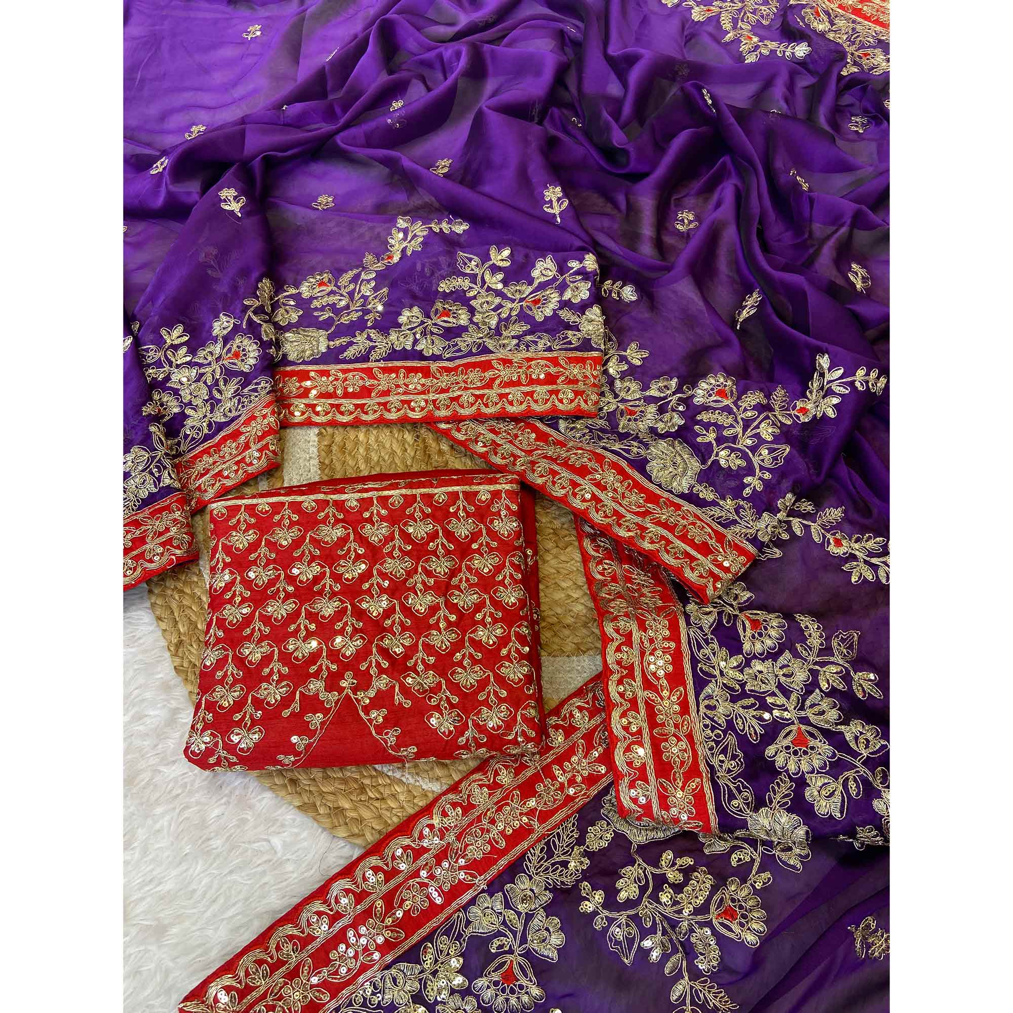 Designer Violet Embroidered Satin Saree with Fine Thread Detailing