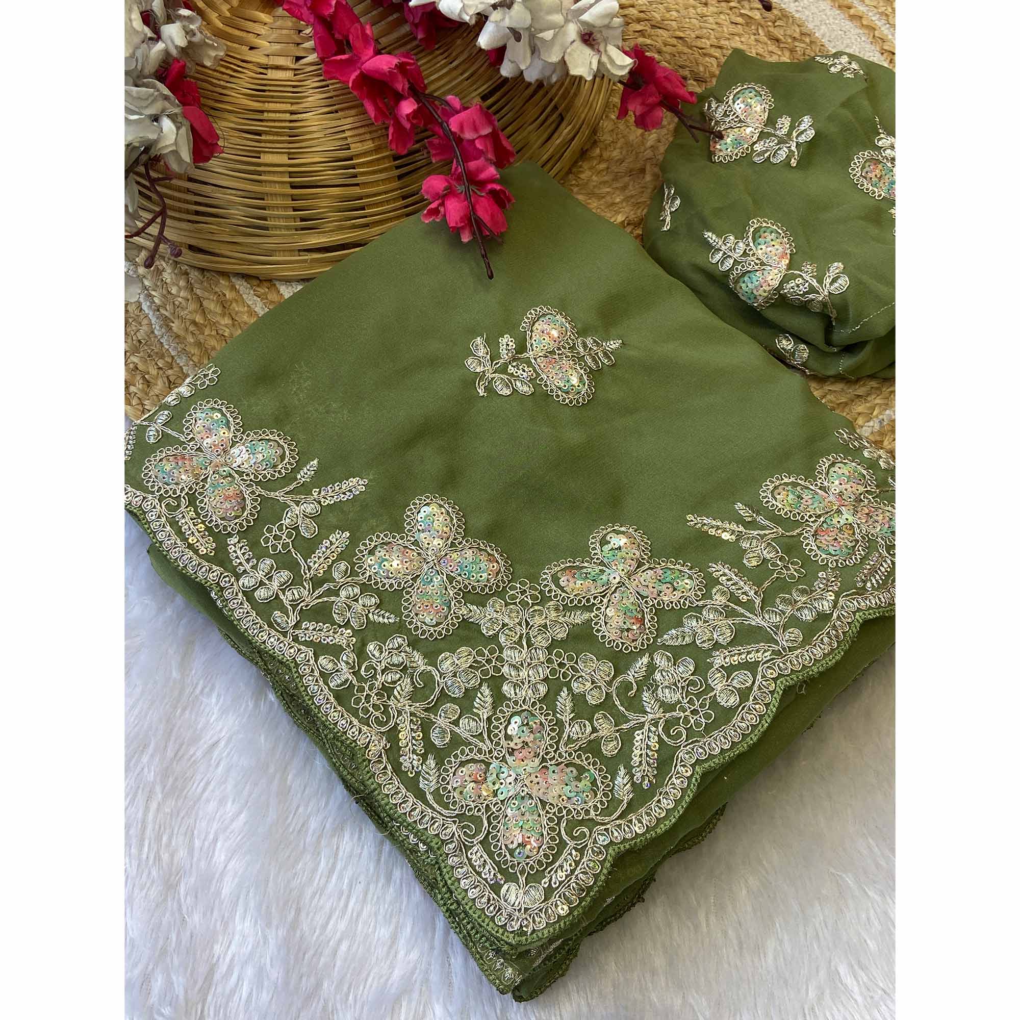 Heavy Thread Embroidered Green Georgette Saree for Party Wears