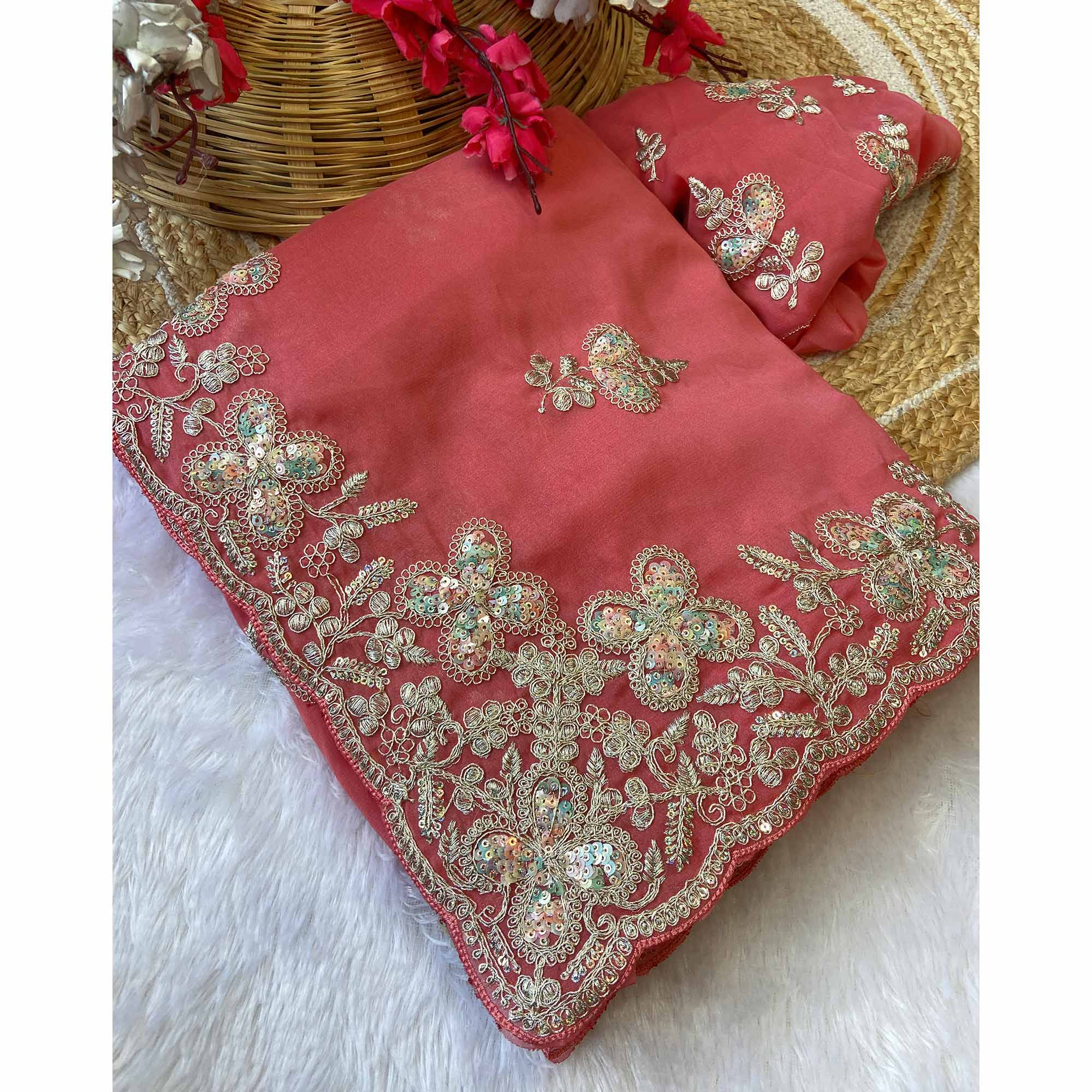 Heavy Thread Embroidered Pink Georgette Saree for Party Wears