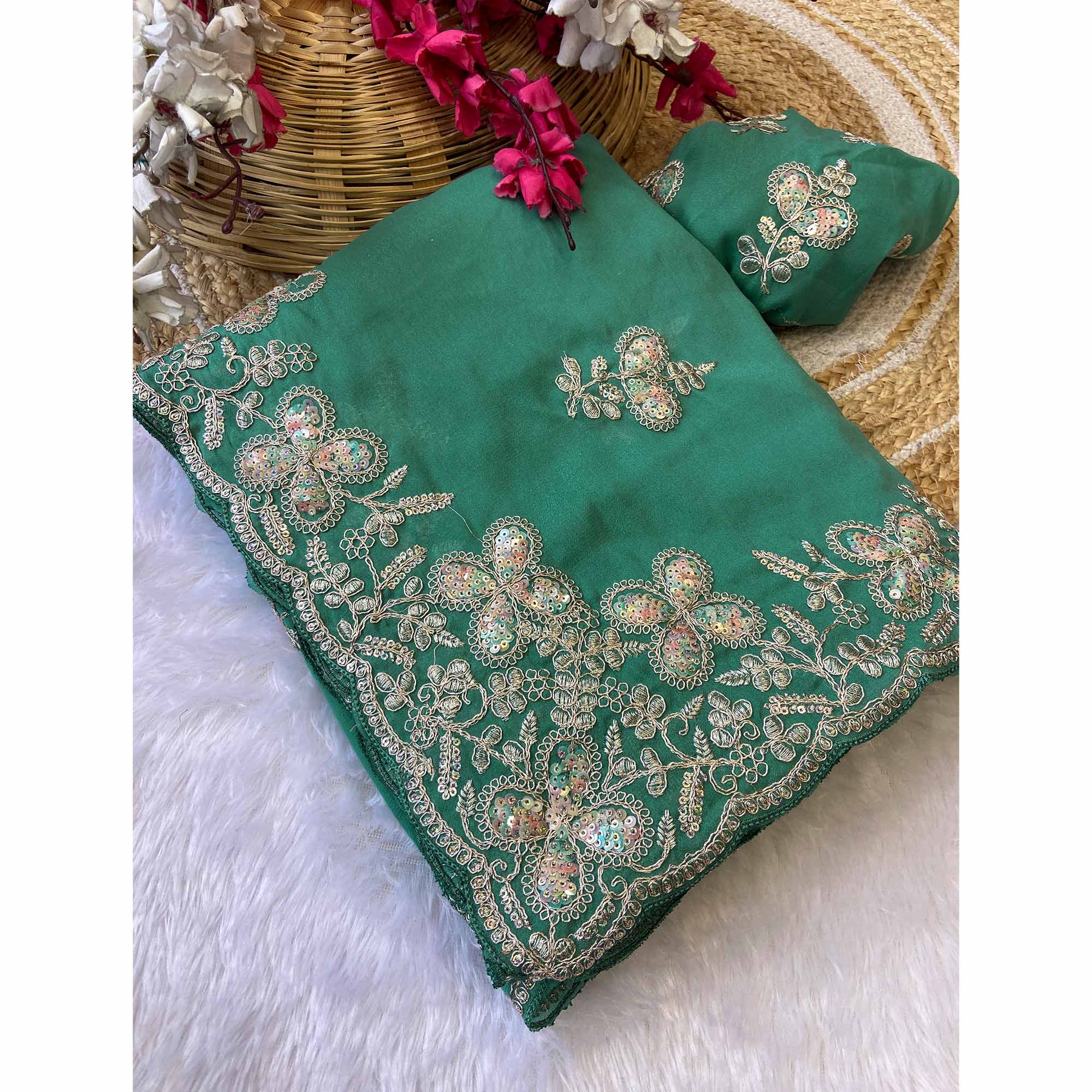 Heavy Thread Embroidered Sea Green Georgette Saree for Party Wears