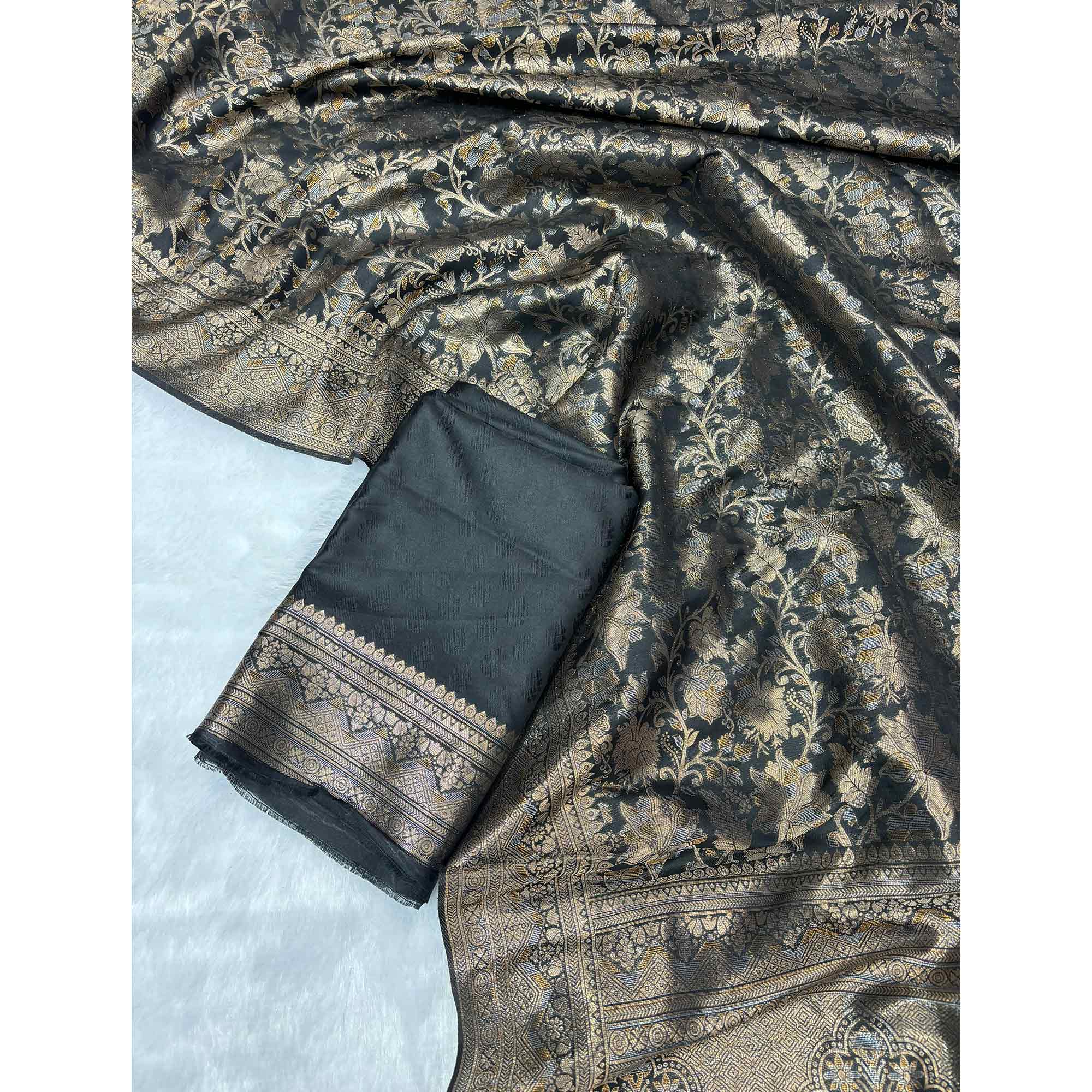 Black Floral Woven Saree in Premium Pure Silk