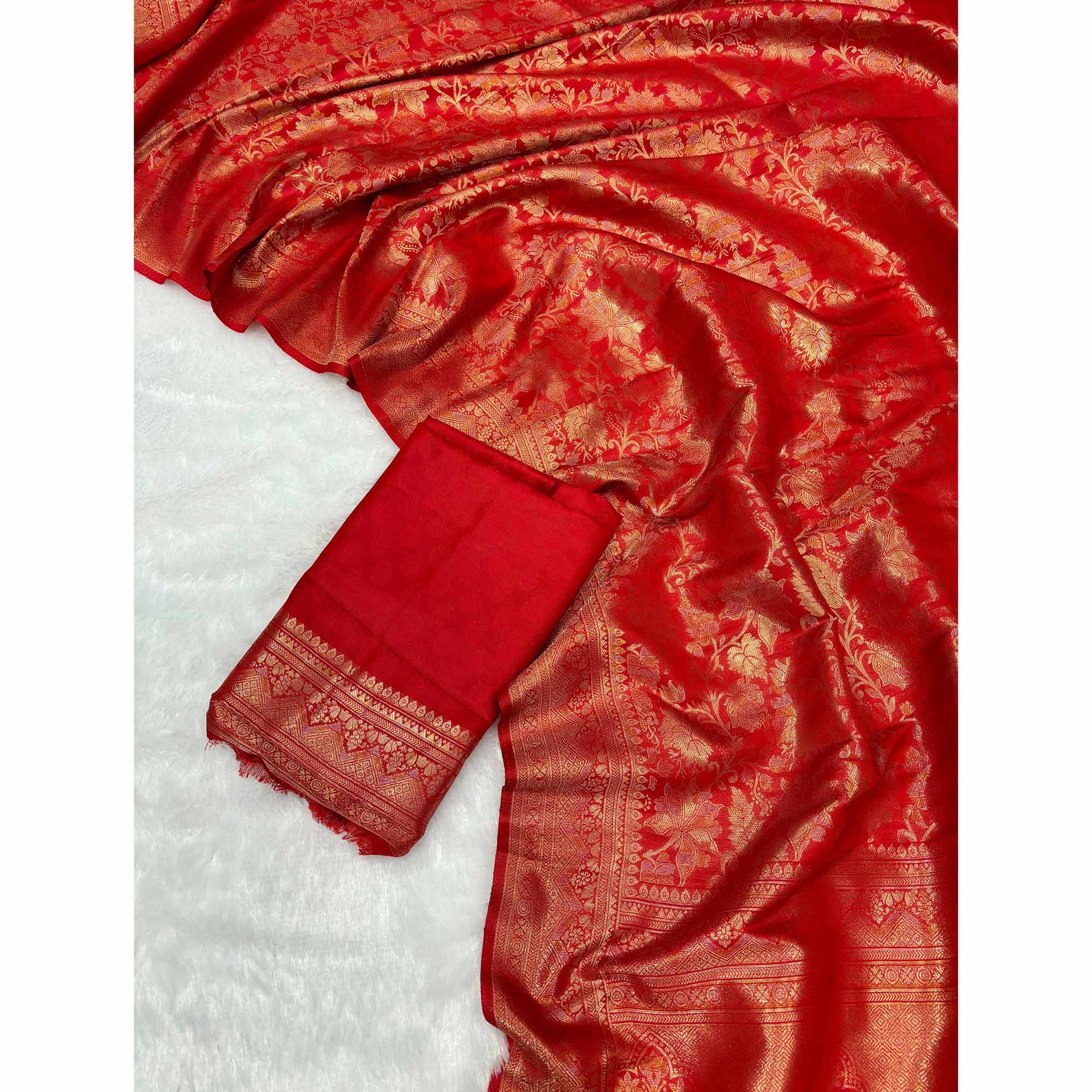 Red Floral Woven Saree in Premium Pure Silk