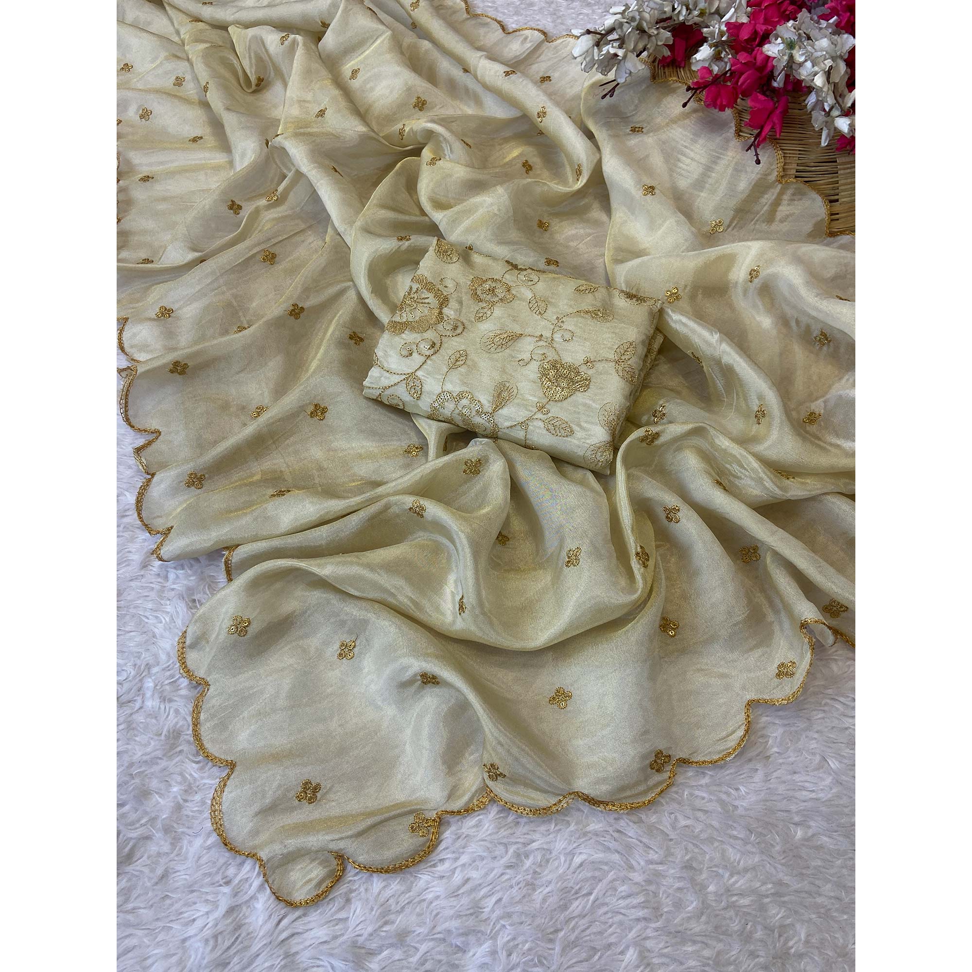 Lightweight Tissue Saree in Cream with Elegant Thread Embroidery