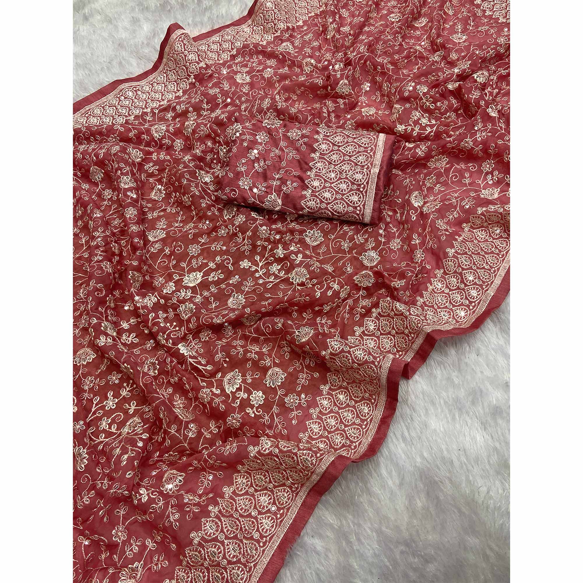 Rusty Red Georgette Saree With Sparkling Sequins & Delicate Floral Embroidery