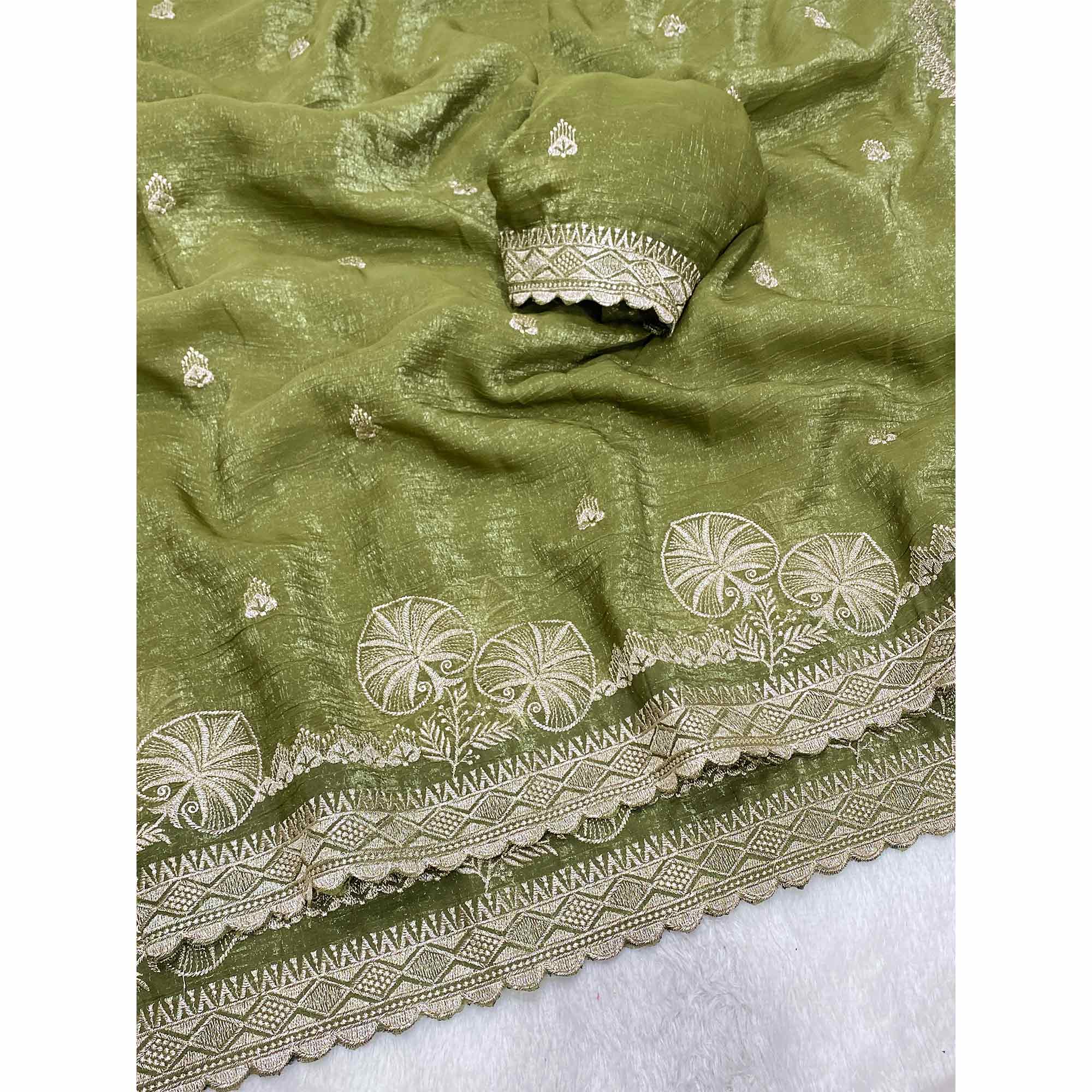 Green Thread Work Chiffon Silk Saree Premium Crunchy Texture Festive Wear
