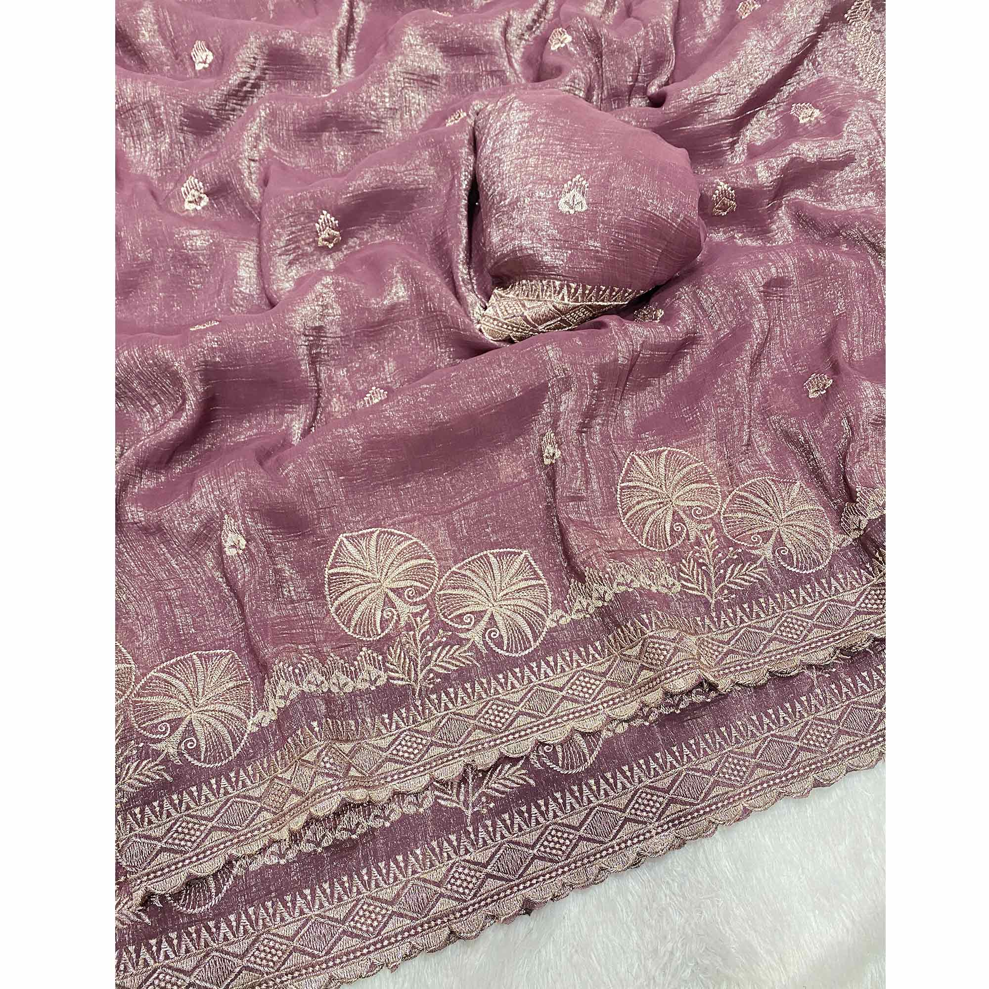 Purple Thread Work Chiffon Silk Saree Premium Crunchy Texture Festive Wear